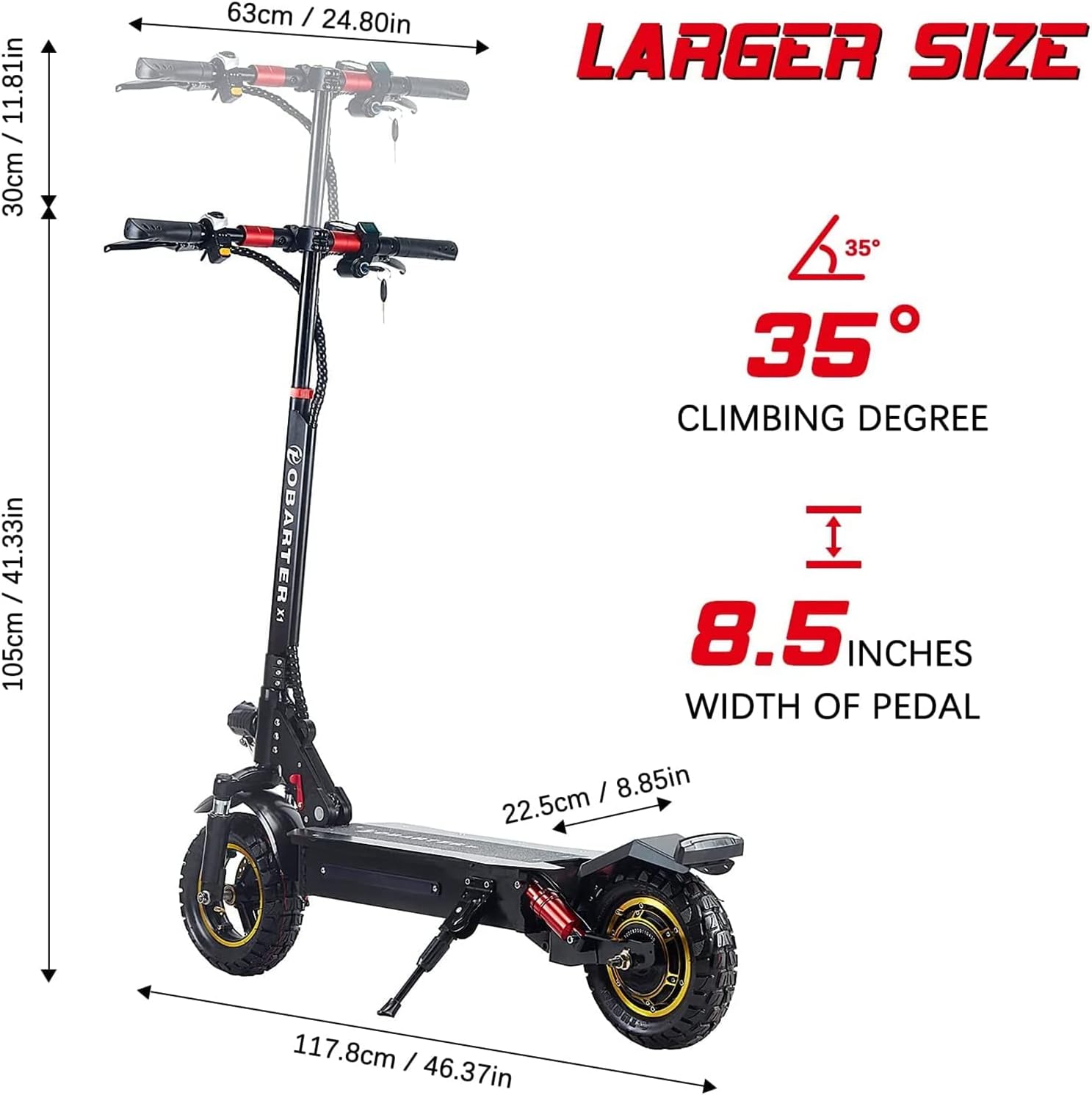 Dimensions of OBARTER X1 Electric Scooter and climbing angle