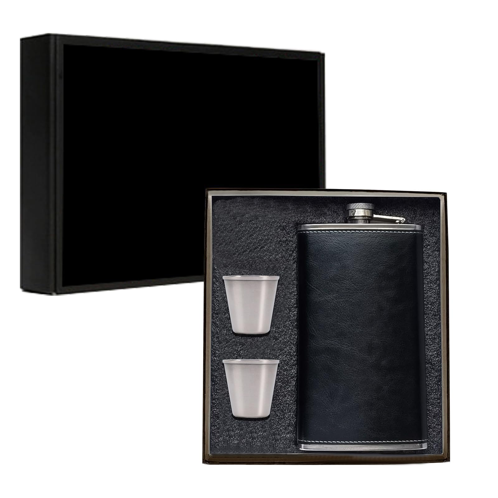 12oz Hip Flask for Liquor, Leather Wrapped Flask Alcohol with Shots, Black