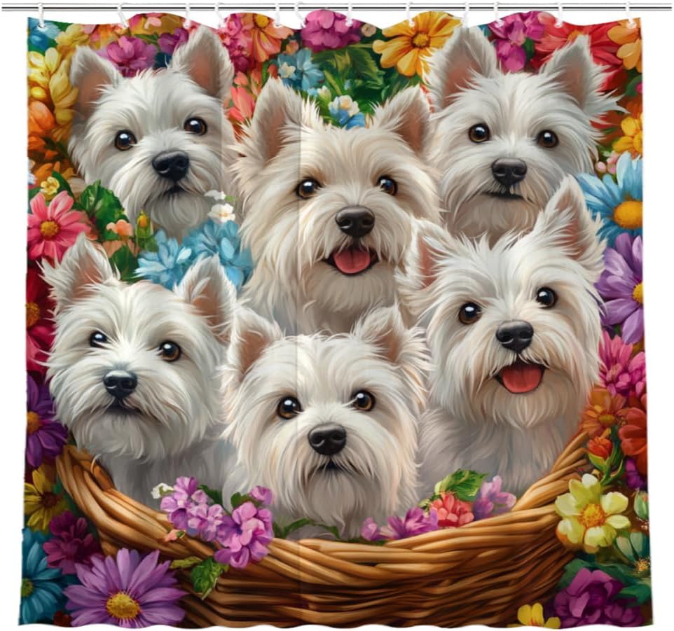 Chihuahua Shower Curtain, Adorable Chihuahua with Colorful Flowers, Cute Animal Bathroom Decor, Waterproof Polyester Fabric with Hooks, 72x72 Inches