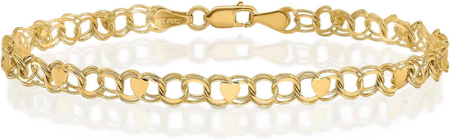 IceCarats 14K Solid Yellow Gold 6mm Thick Byzantine Chain Heart Charm Bracelet Polished