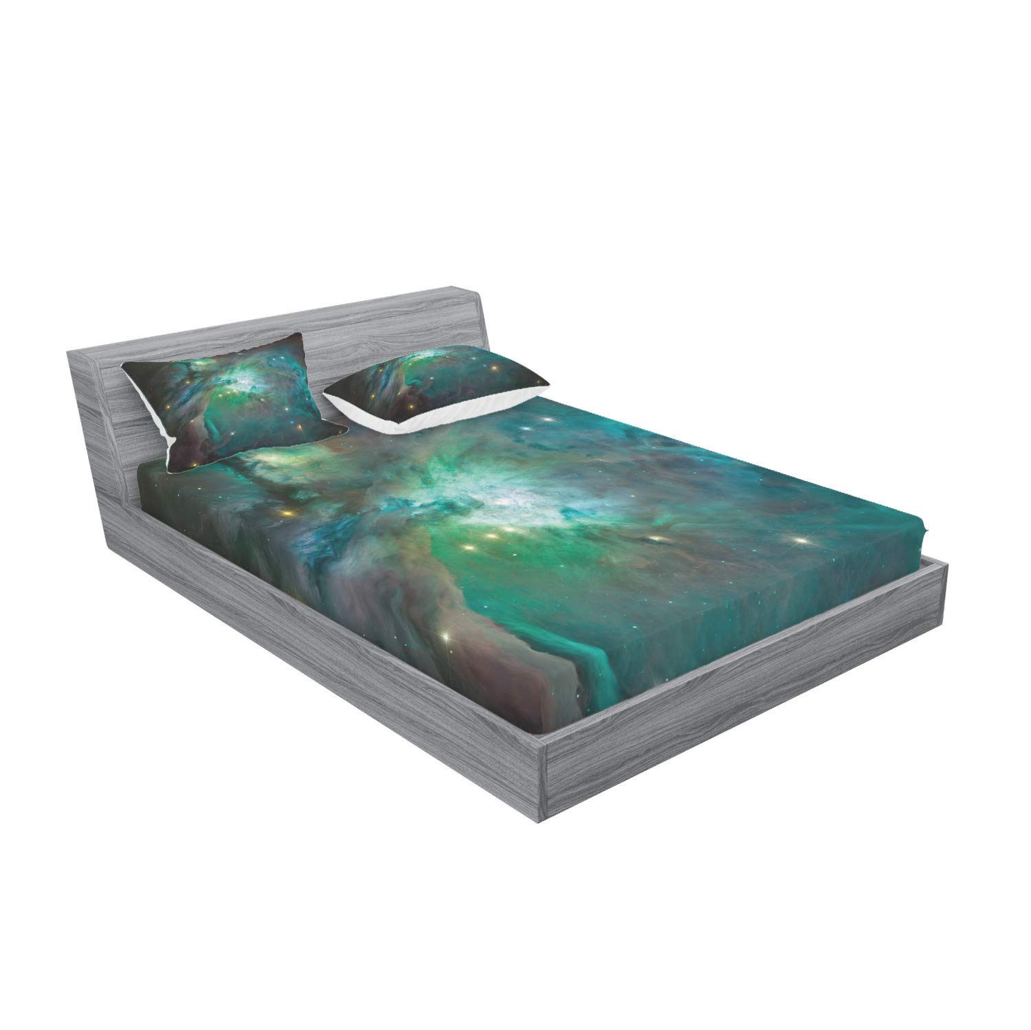 Ambesonne Space Fitted Sheet & Pillow Sham Set, Majestic Orion Nebula Dust Cloud Celestial Energy Plasma Astronomical Object Picture, Decorative Printed 3 Piece Bedding Decor Set, Queen, Green Teal