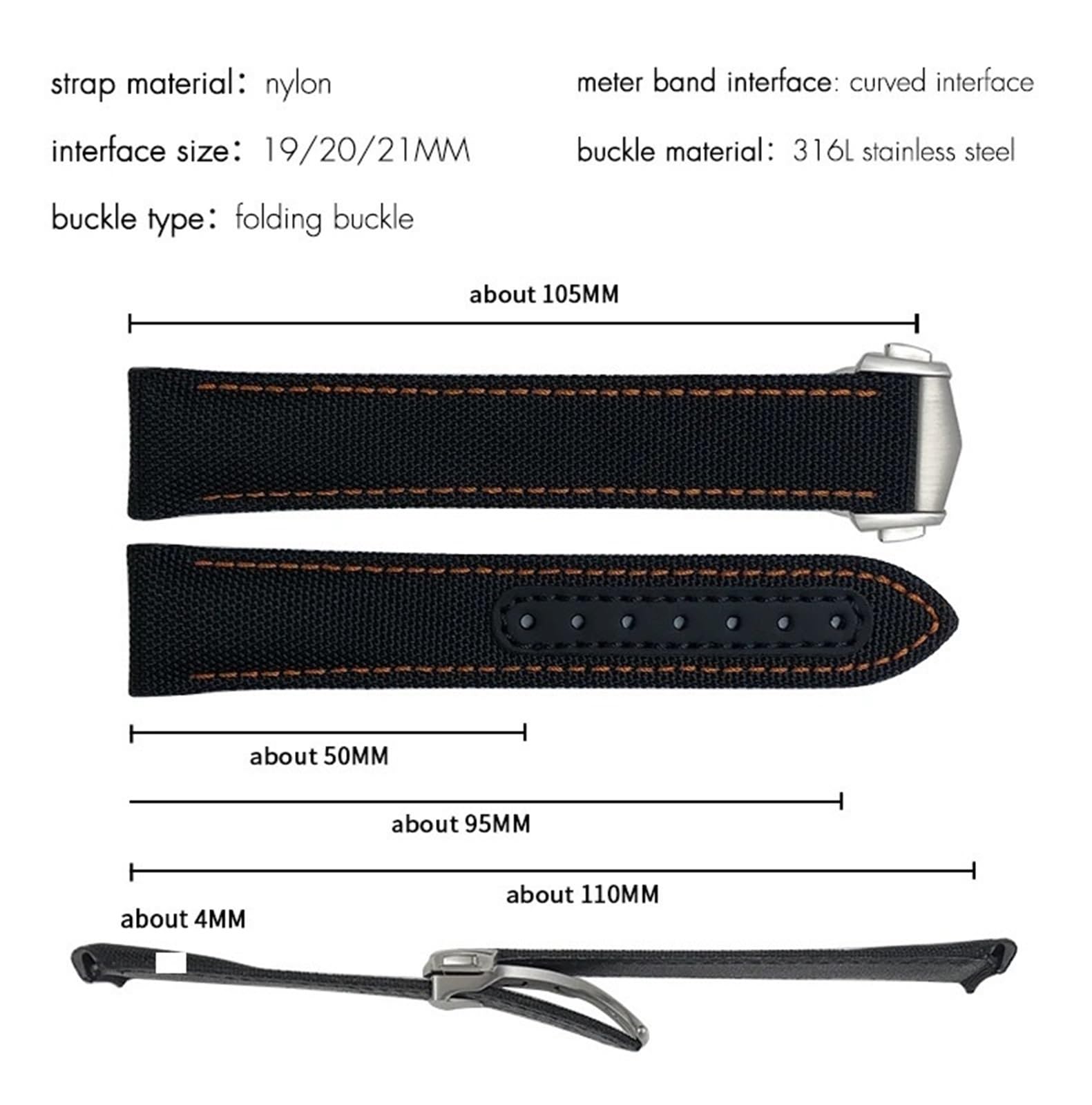 Boucle Pliante en Cuir et Nylon, 20mm, pour Bracelet de Montre à extrémité incurvée Omega Aqua 150 GMT
