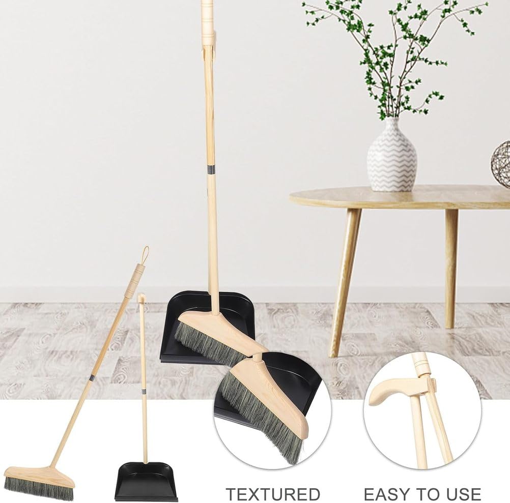 Juego de escoba y recogedor de madera con mango largo, cerdas rígidas para suelos duros, limpieza del hogar y la oficina