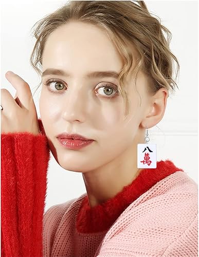 Vista 4 de Pendientes únicos de mahjong hechos a mano creativos de simulación mini mahjong divertidos Gunny Red Mahjong pendientes para mujeres regalos