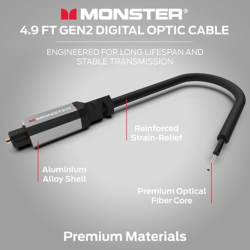 Vista 3 de Monster Gen2 Essentials Digital Optical Toslink Cable, Sound Bar Optical Audio Cable with Gold Connectors, 4.9ft