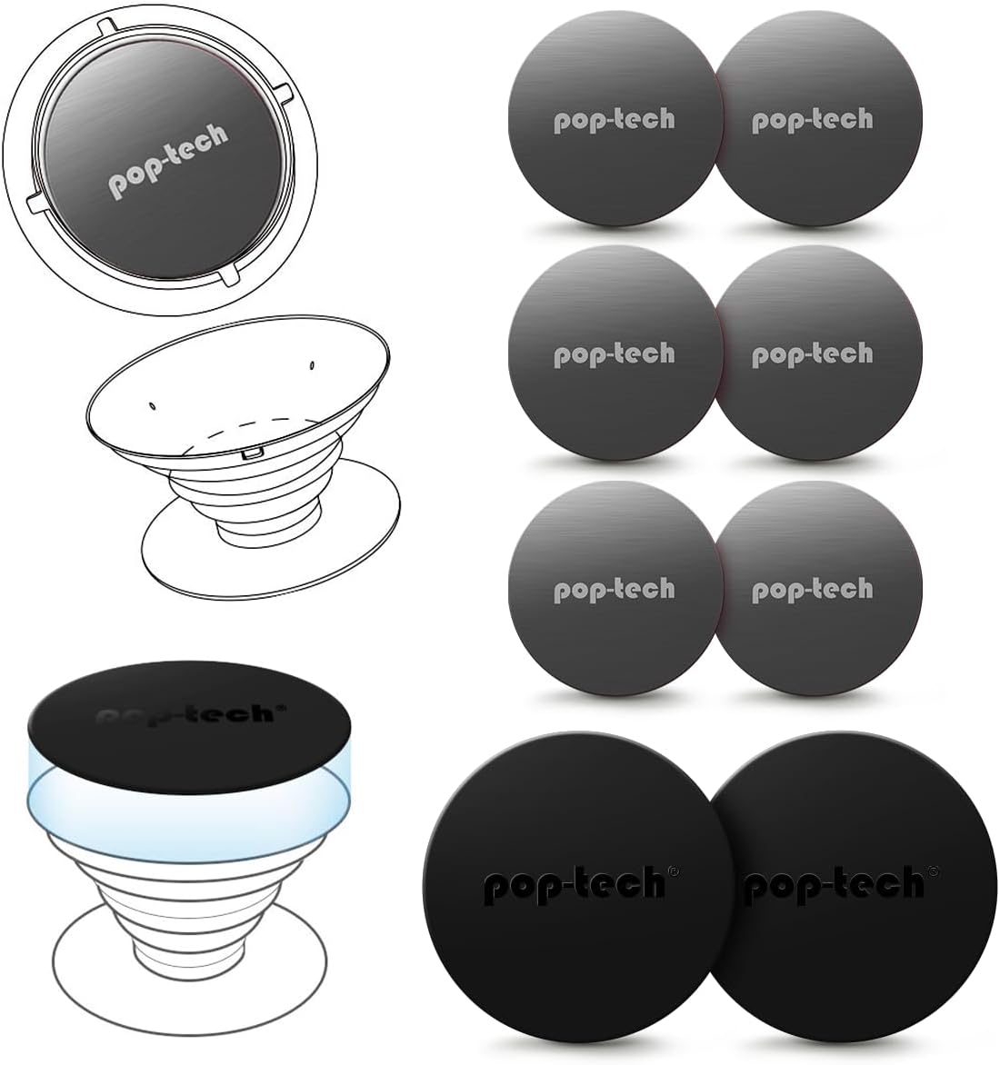 Metal Plate for Phone Magnet, 8 Pack Replacement Magnet Disc Magic Mount Plate with Adhesive Backing for Socket Grips & Magnetic Car Holder Cradle Stand(Dashboard/Vent/CD Slot/Windshield) - Round
