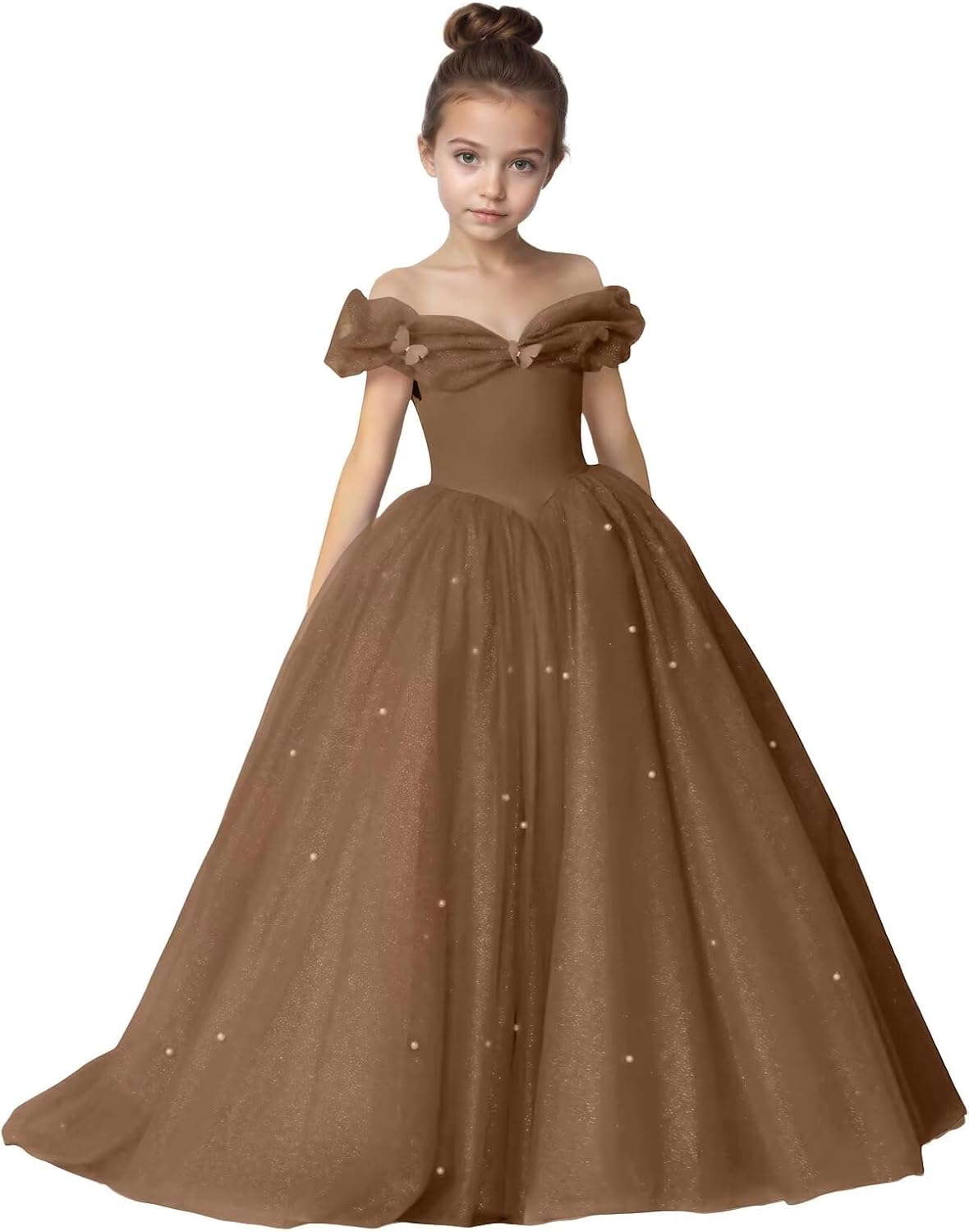 Off Shoulder Flower Girl Dresses 2026 Puffy Tulle Pageant Dress for Girls Sparkly Formal Evening Party Gown