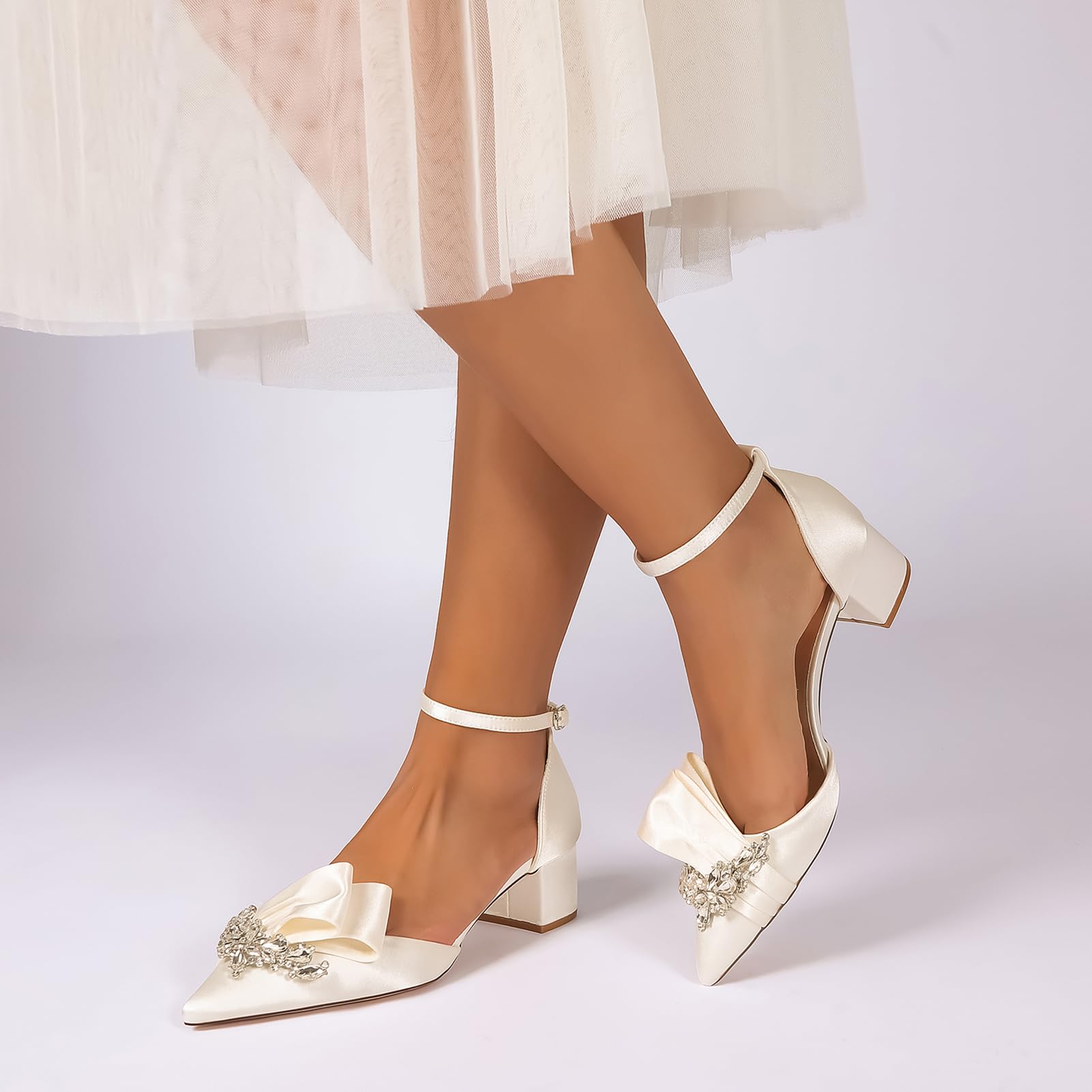Generisch Damen Hochzeitsschuhe Satin Brautschuhe mit Schleife Strass Blockabsatz Spitze Elegante Pumps Abendschuhe