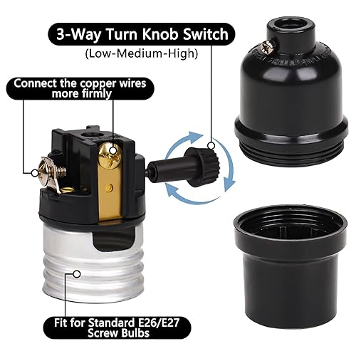 Miniatura 2 de Venforze Reemplazo de enchufe de lámpara de 3 vías, base E26 con certificación UL, perilla giratoria para ajustes de luz baja-media-alta, piezas de