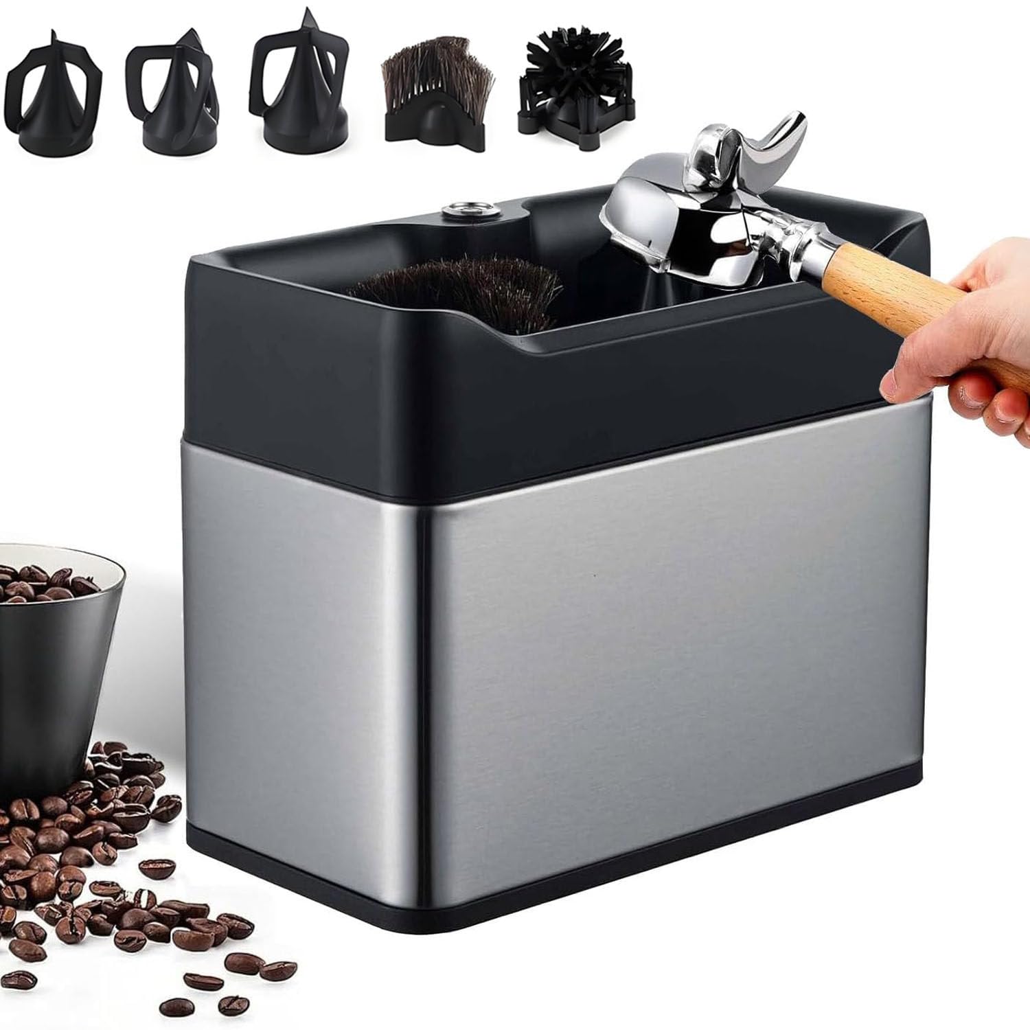 Automatyczna elektryczna maszyna do czyszczenia filtra do kawy z 3 skrobaczkami, 2 głowicami szczotek, 3 l, 300 obr./min, do 51 mm, 58 mm, srebrny