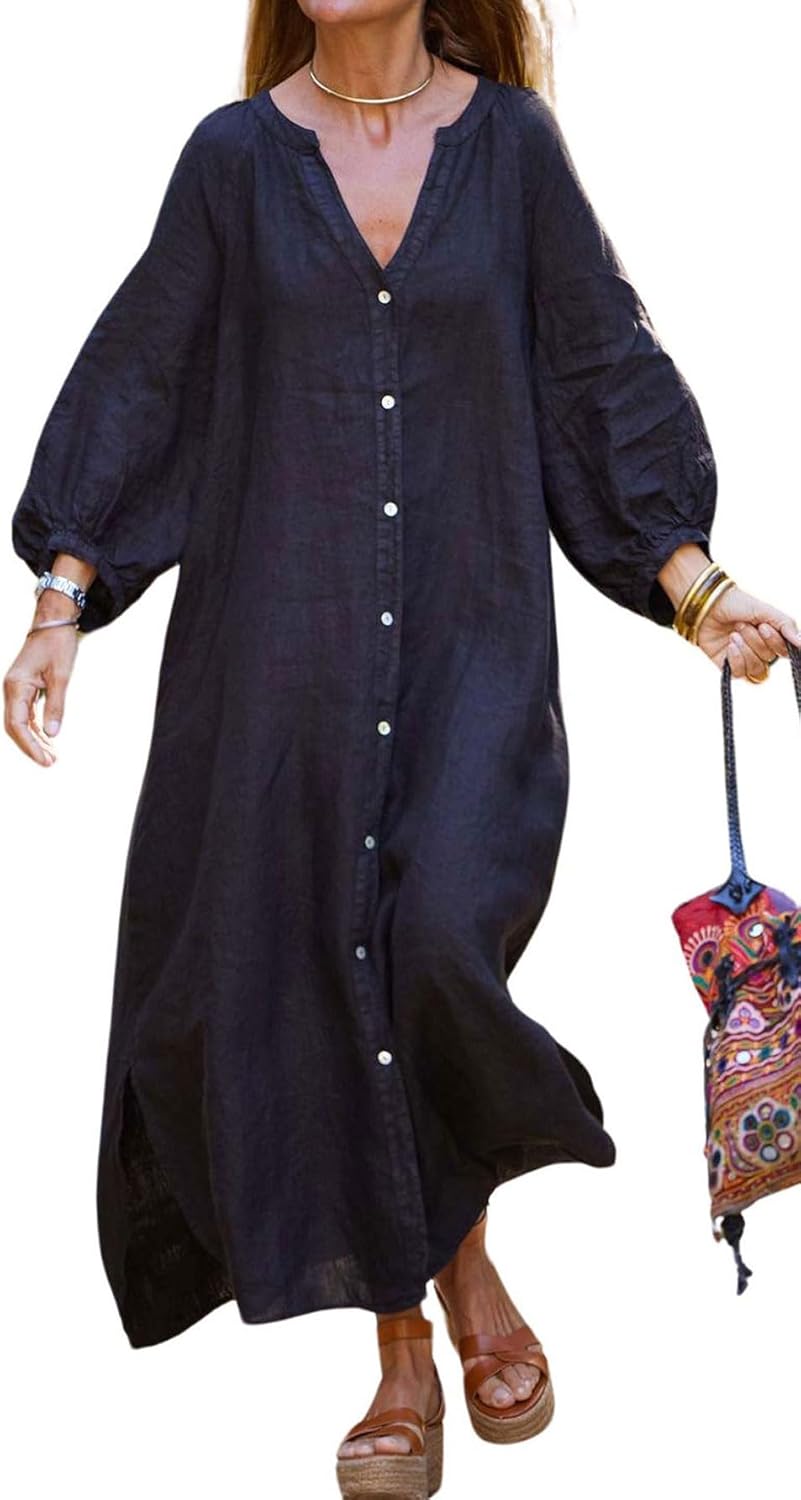 chouyatou Women Summer Long Sleeve Notch Neck Maxi Linen Shirt Dress Loose Button Down Tunic Shift Dress