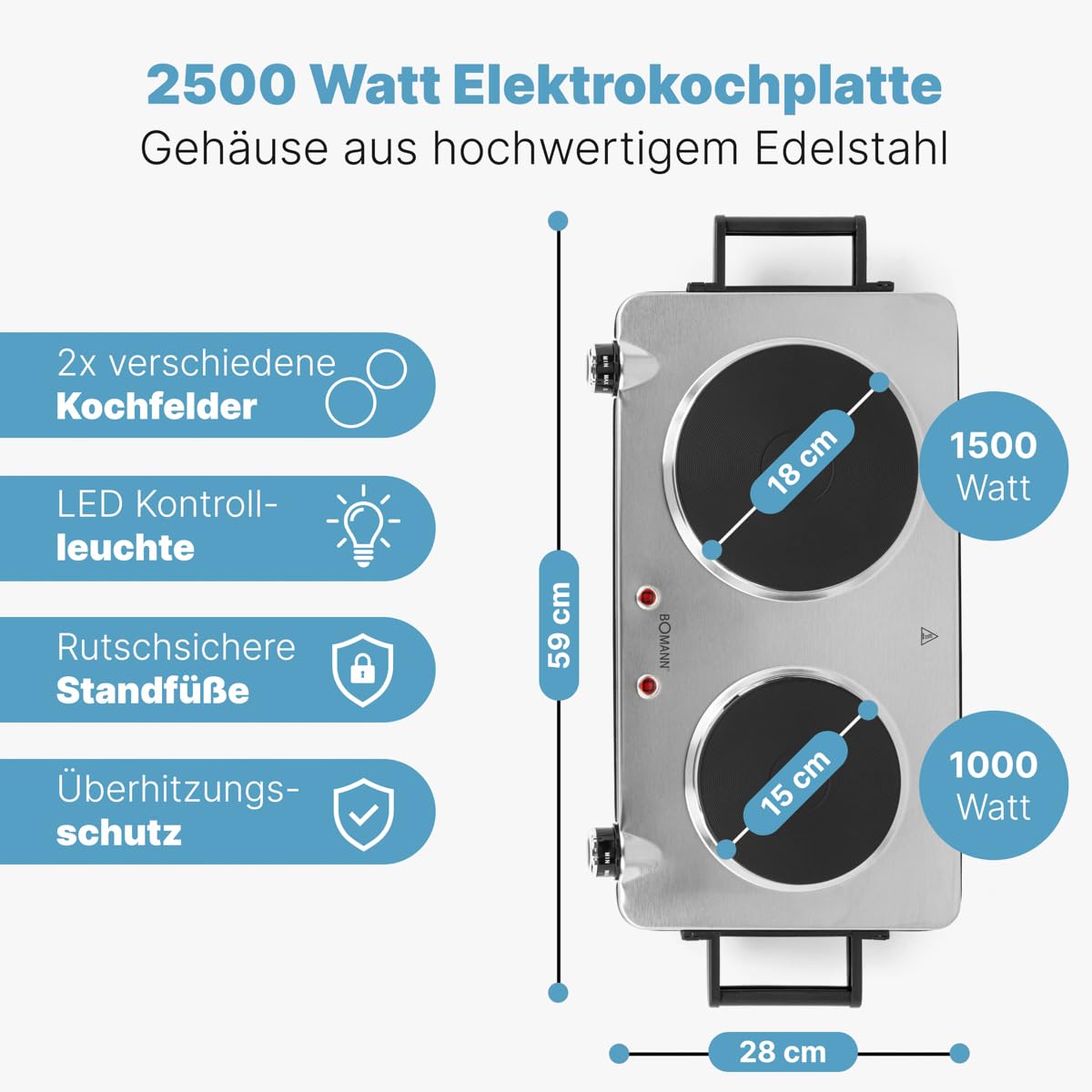Bomann® Edelstahl-Doppelkochplatte | Kochplatte mit 2 Kochfeldern | 2500W | elektrische Herdplatte mit Cool Touch-Griffen | Kochfelder mit Überhitzungsschutz | DKP 5033 CB