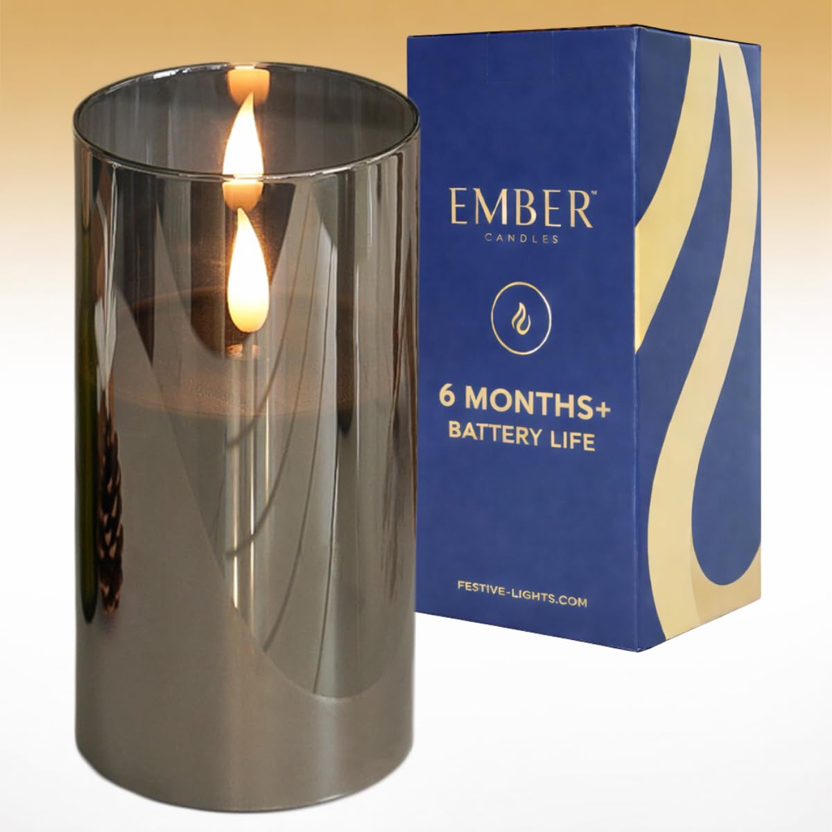 Ember Candlesβ’ 15cm Hurricane Smoked Glass Black LED Flickering Battery Candle β 100% Real Wax, Ultra-Realistic, Flameless, Hand-Poured Design, 6-Hour Timer for Indoor Use (Without Remote Control)