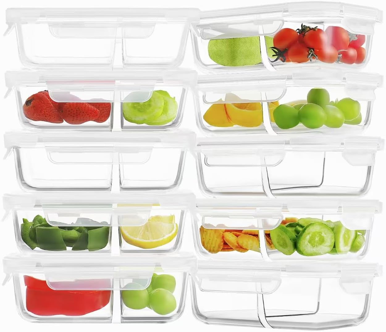 HOMBERKING 10 Pack 24oz Glass Meal Prep Containers 2 Compartment, Food Storage Containers with Lids, Airtight Lunch Bento Boxes (10 lids & 10 Containers) - White