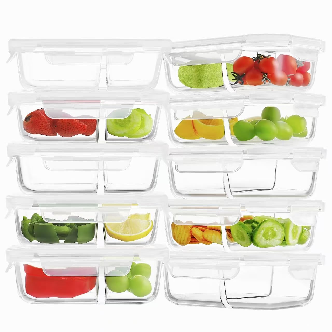 HOMBERKING 10 Pack 24oz Glass Meal Prep Containers 2 Compartment, Food Storage Containers with Lids, Airtight Lunch Bento Boxes (10 lids & 10 Containers) - White