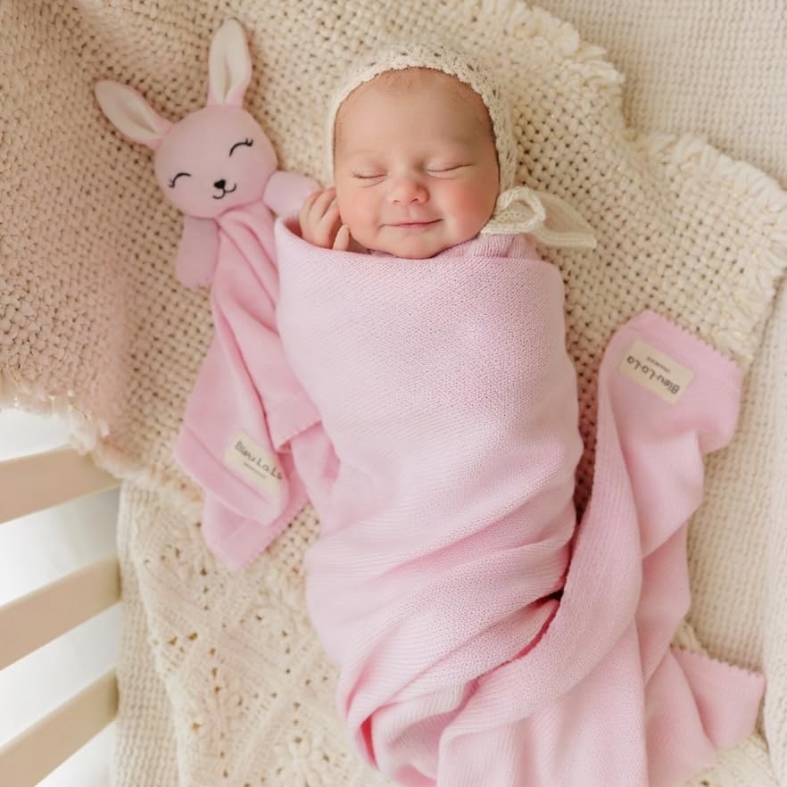 Image of Baby Gift Set - Organic Cotton Newborn Blanket and Lovey Security Blanket Set, Gifts for Baby Girl, Mother to be Gifts, (Lovey - Bunny - Pink)