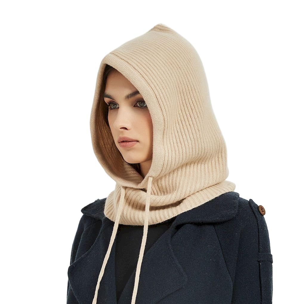 Damen Herren 100% Kaschmir Kapuzen-Schal, weiche Schalmütze mit Kordelzug, warmer Loop Schal mit Kapuze