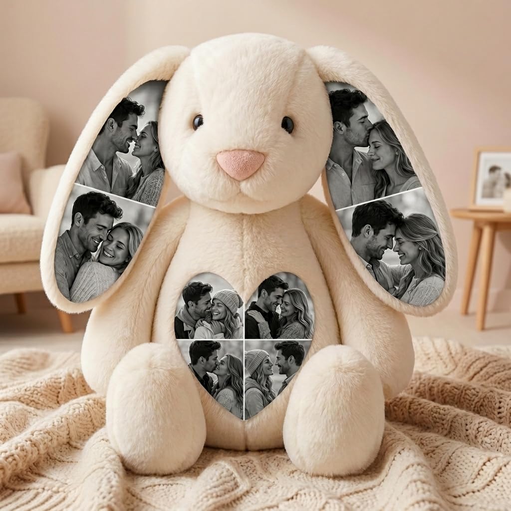 Personalized Photo Bunny Stuffed Animal, Custom Rabbit Plush with HD Print, Handmade Fluffy Customizable Stuffed Animal, Cute Keepsake Gift for Son Daughter (Style-4)