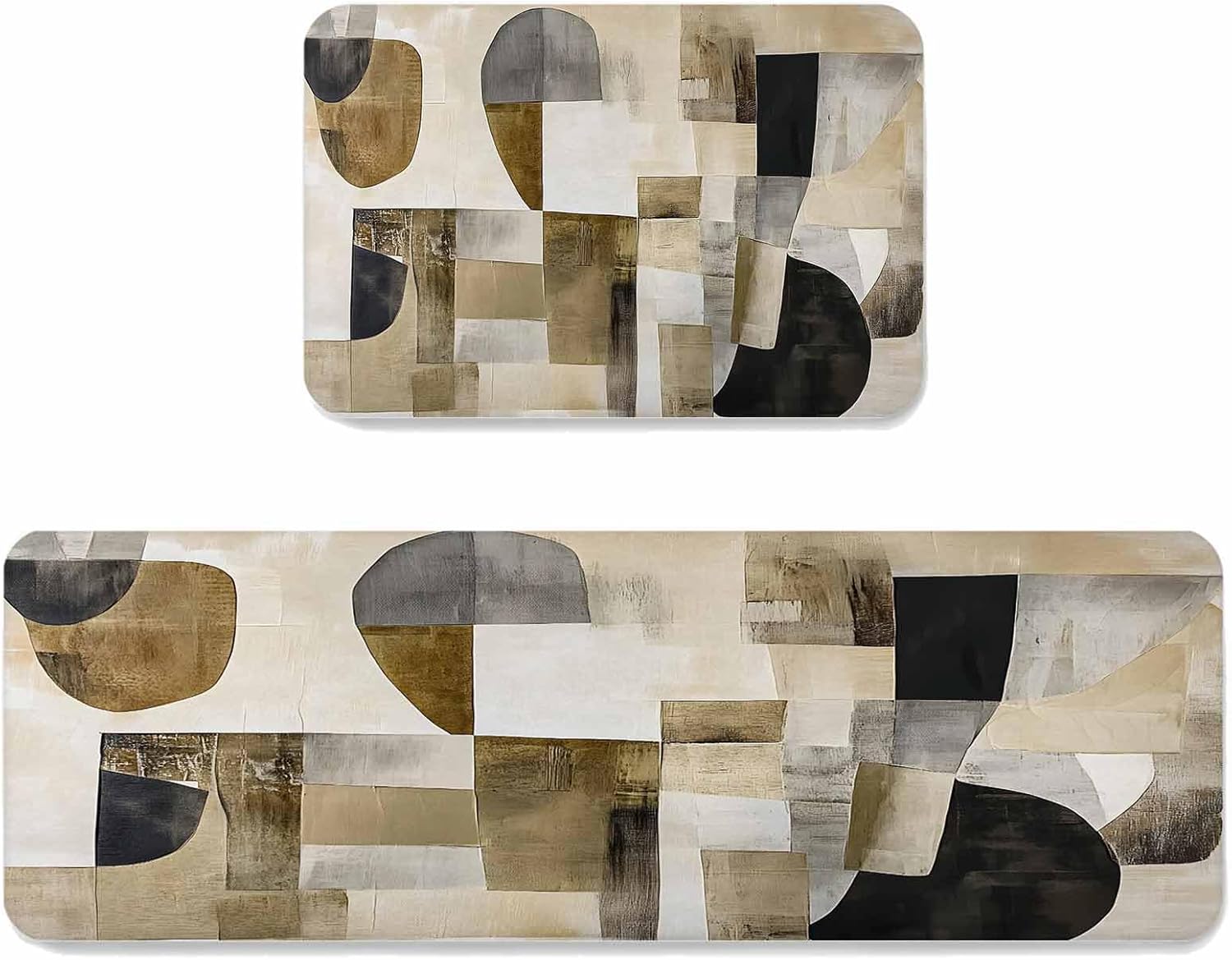 Prime Leader Abstract Kitchen Mat Set 2 Pieces Brown Black Color Block Geometric Contemporary Non Slip Kitchen Rugs Washable Runner Rug Mats for Sink Laundry (23.6" x 35.4"+23.6" x 70.9")