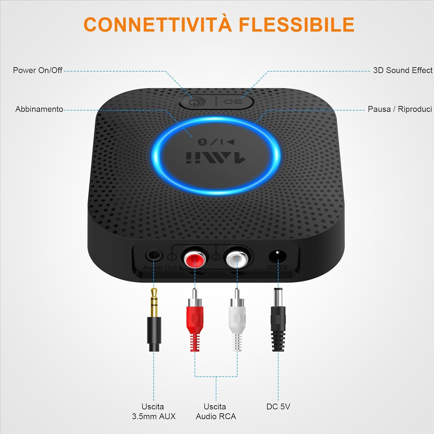 1Mii Ricevitore Bluetooth 5.3, Adattatore Audio Bluetooth HiFi con Jack AUX 3,5mm e RCA, 3D Surround e aptX HD, Wireless per Amplificatore, Stereo Casa, Lungo Raggio 50m