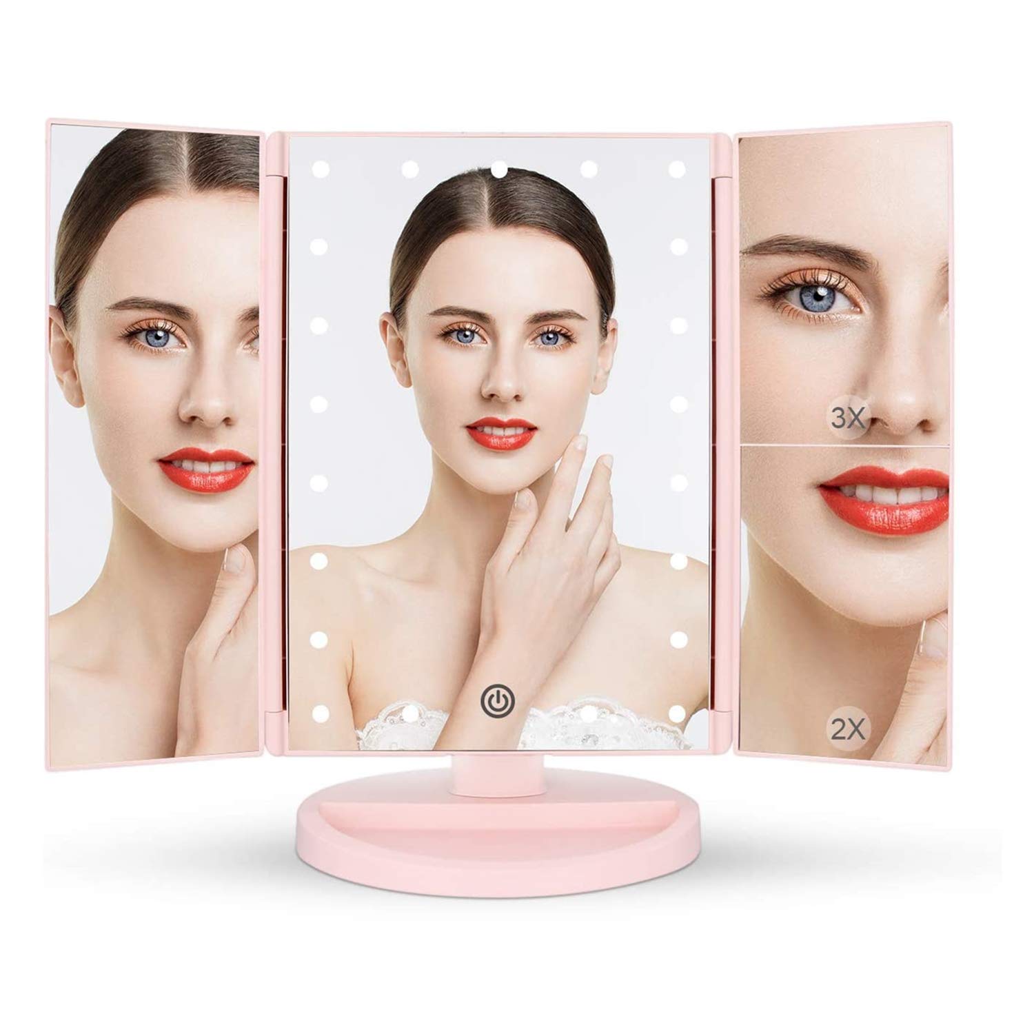 Espejo de Maquillaje con LED, Iluminado Espejo de Mesa Luz con Ampliación 1X / 2X / 3X Plegable Espejo de la Vanidad Rotación 180° Pantalla Táctil Espejo Cosmético para Hombre y Mujer