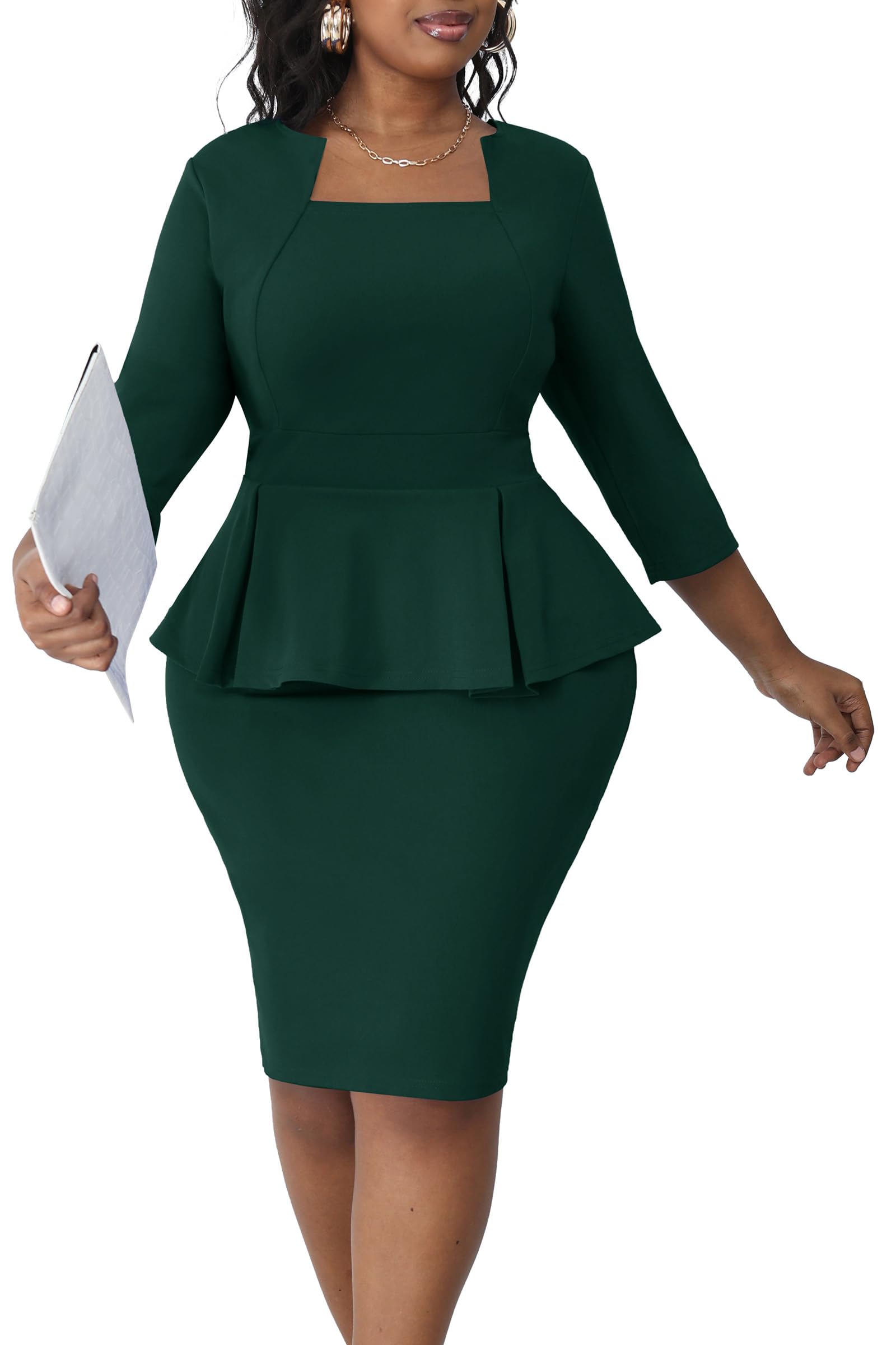 Runwind Plus Size Dress for Curvy Women Midi Church Wear to Work Bodycon Vintage Peplum 3 4 Sleeve