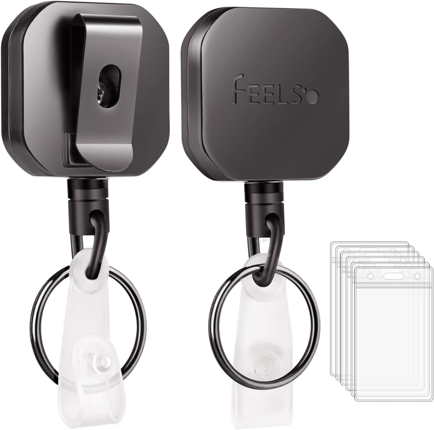 FEELSO Badge Holder Reel Retractable, Metal Heavy Duty Badge Holder with Belt Clip Key Ring and 6pcs Plastic ID Card Holders, Steel Wire Cord Up to 25 inch (2 Pack)