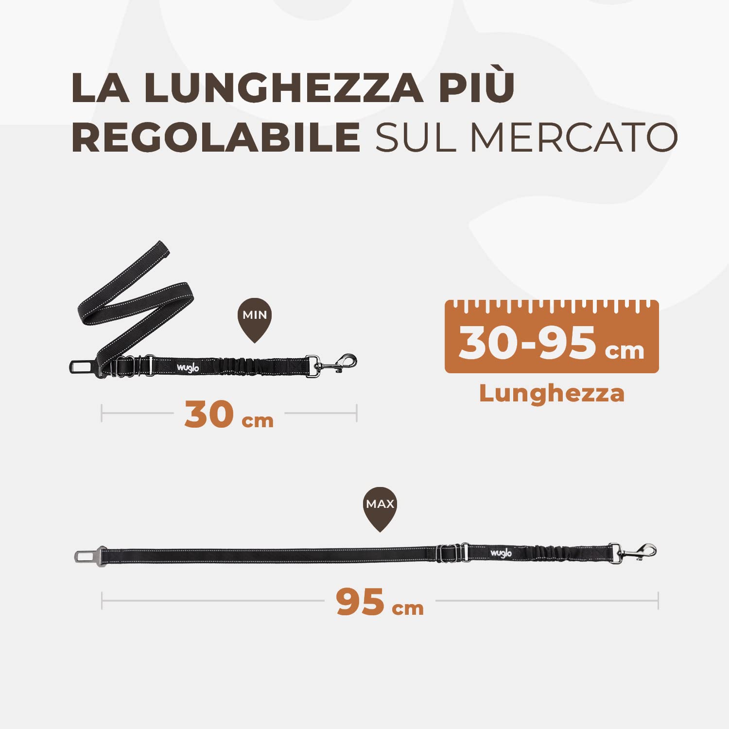 Wuglo Cintura per Cani Auto da 30 a 95 cm - Cintura di Sicurezza per Cani Elasticizzata - Cintura Auto per Cani con Attacco Spesso - Guinzaglio Auto per Cani Universale (Nero)