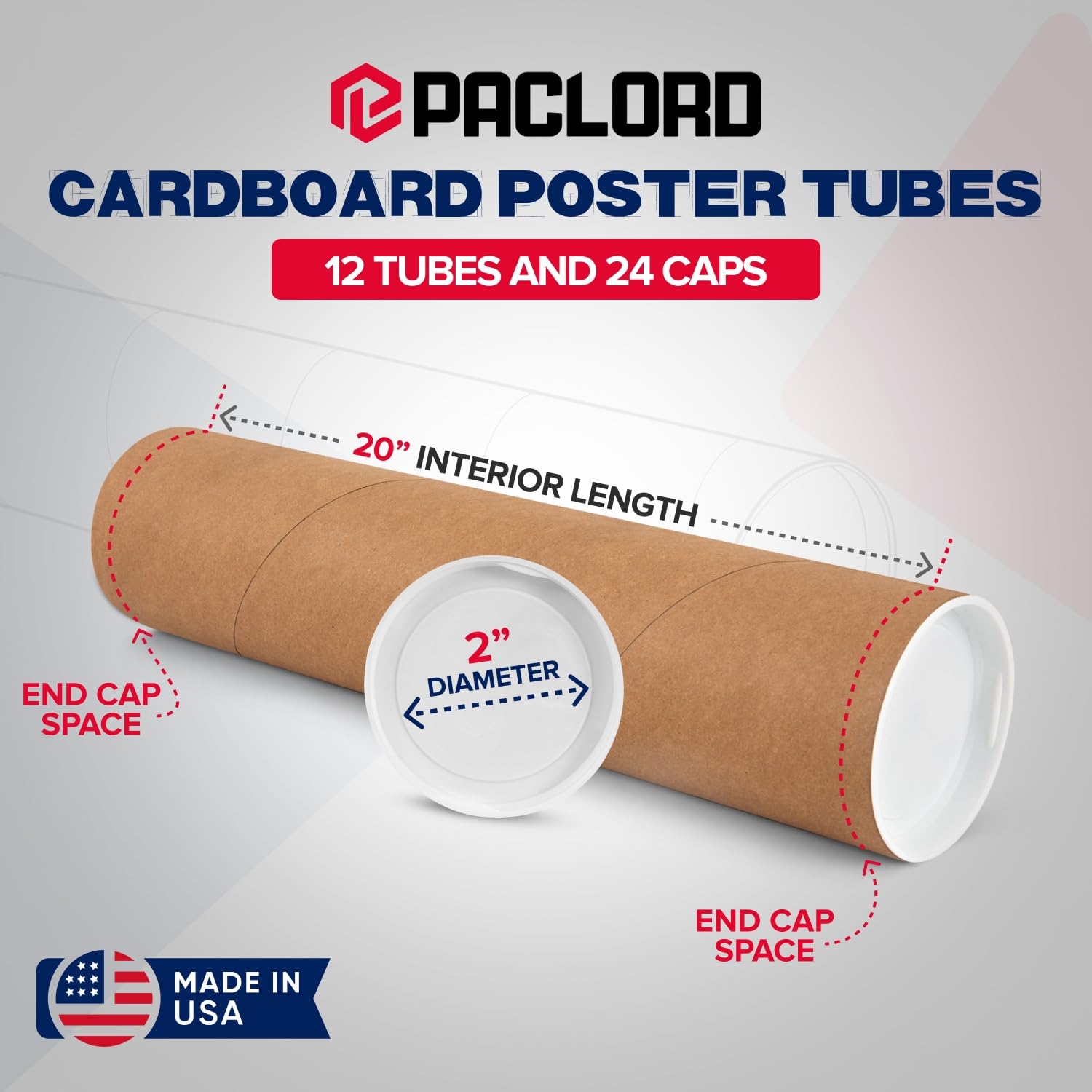 Versandrollen aus verstärktem Kraftpapier, 5,1 x 50,8 cm, Packung mit 12 Röhren mit je 2 Kappen, USPS-zugelassene Posterröhre, hergestellt in den USA, Kartonröhre für Versand und Aufbewahrung von