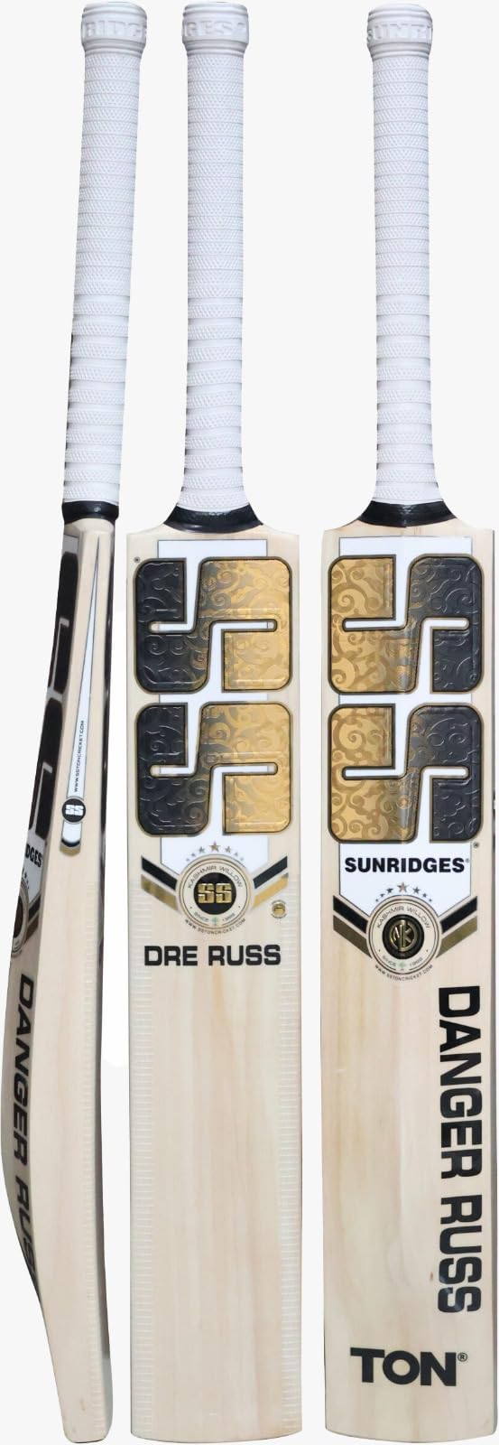 S S Kashmir Willow Cricket Bats, Dre Russ and Danger Russ Models.SELECTED ENGLISH WILLOW GRADE 1 • AIR DRIED WILLOW • DESIGNED AS PER SPECIFICATIONS OF WORLD TOP PLAYERS • LATEST SHAPE WITH MASSIVE CO