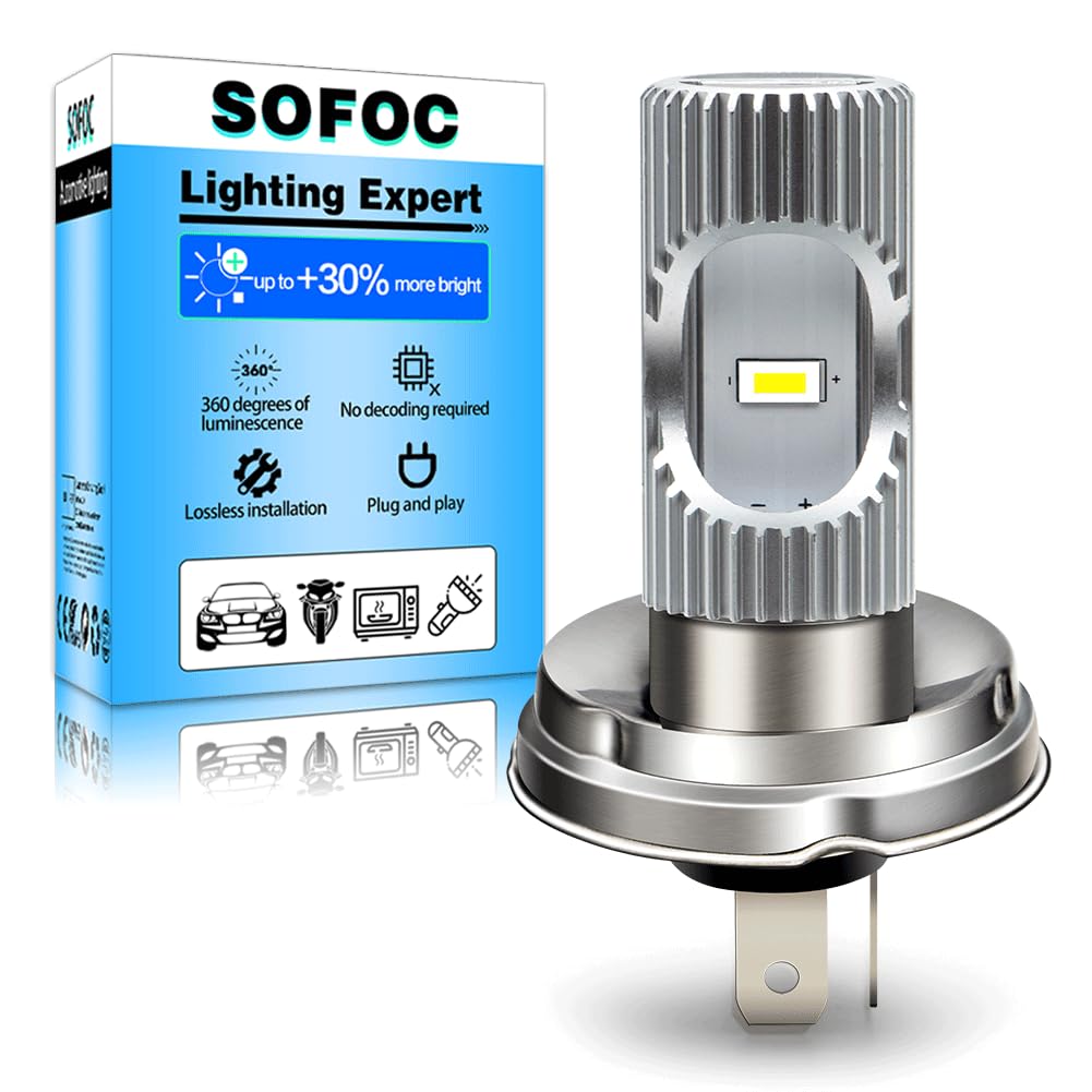 SOFOC R2 P45T Ampoule LED pour Phare de Moto/Voiture Blanc Froid 6500K 6V 12V 24V Compatible avec 6-30V AC/DC 2000LM 300% Plus Lumineux que Halogène Code/Croisement 2SMD 1pcs