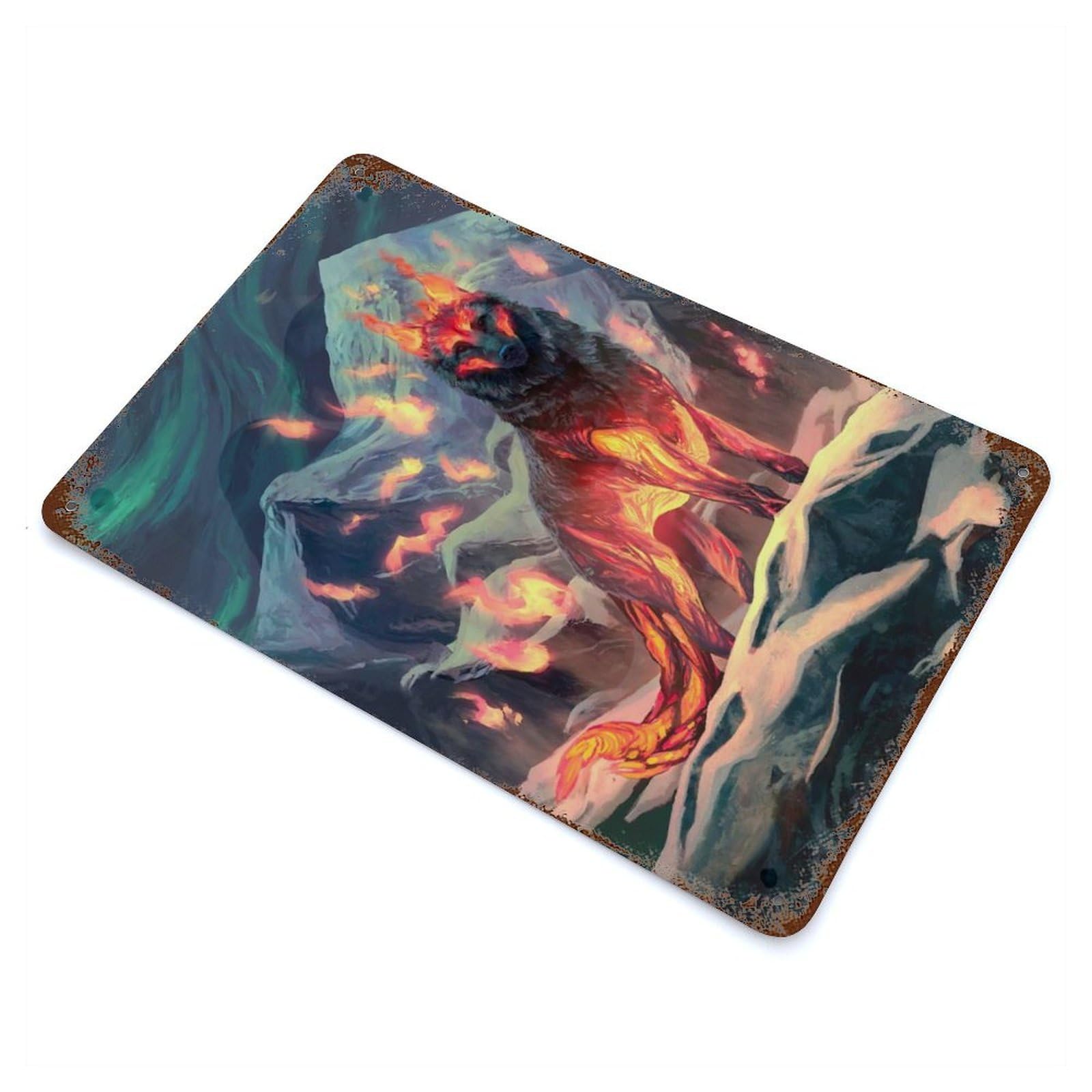 Retro Metal Sign with God of Fire Design 11.8"x7.9", for Living Room, Hallway And Home Decor, Farmhouse Wall Decor