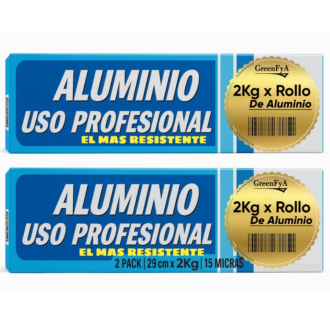 Papel Aluminio Pack 2 Papel de Aluminio Industrial 29cm x 2KG por Rollo | 15 Micras | Uso Profesional Hostelería Cocina Horno Parrilla Catering | Con Sierra de Carton en la Propia Caja.