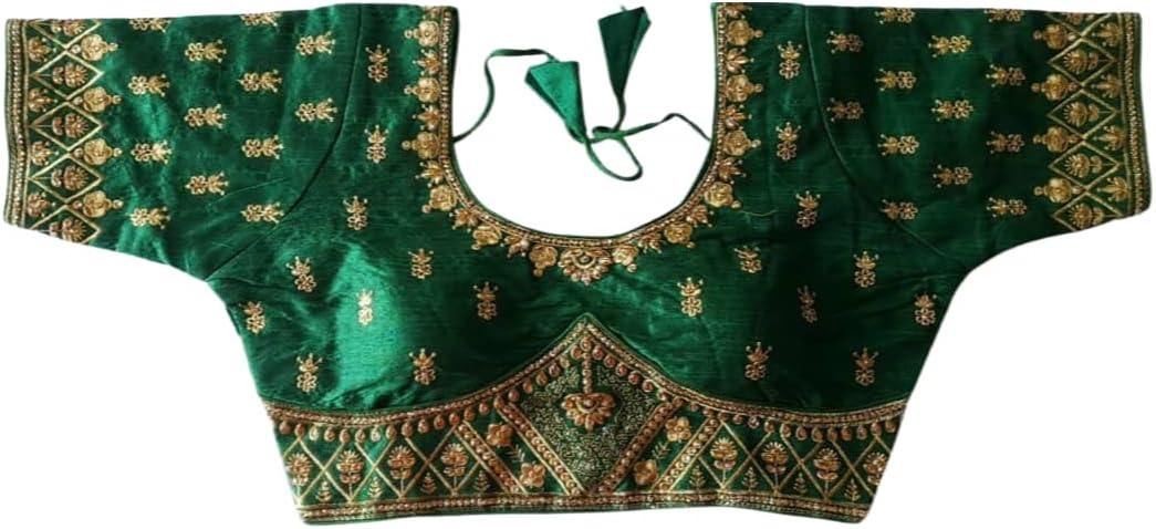 South Silk Designer Saree Sari Blouse Short Sleeve Solid Readymade for Women Green-38