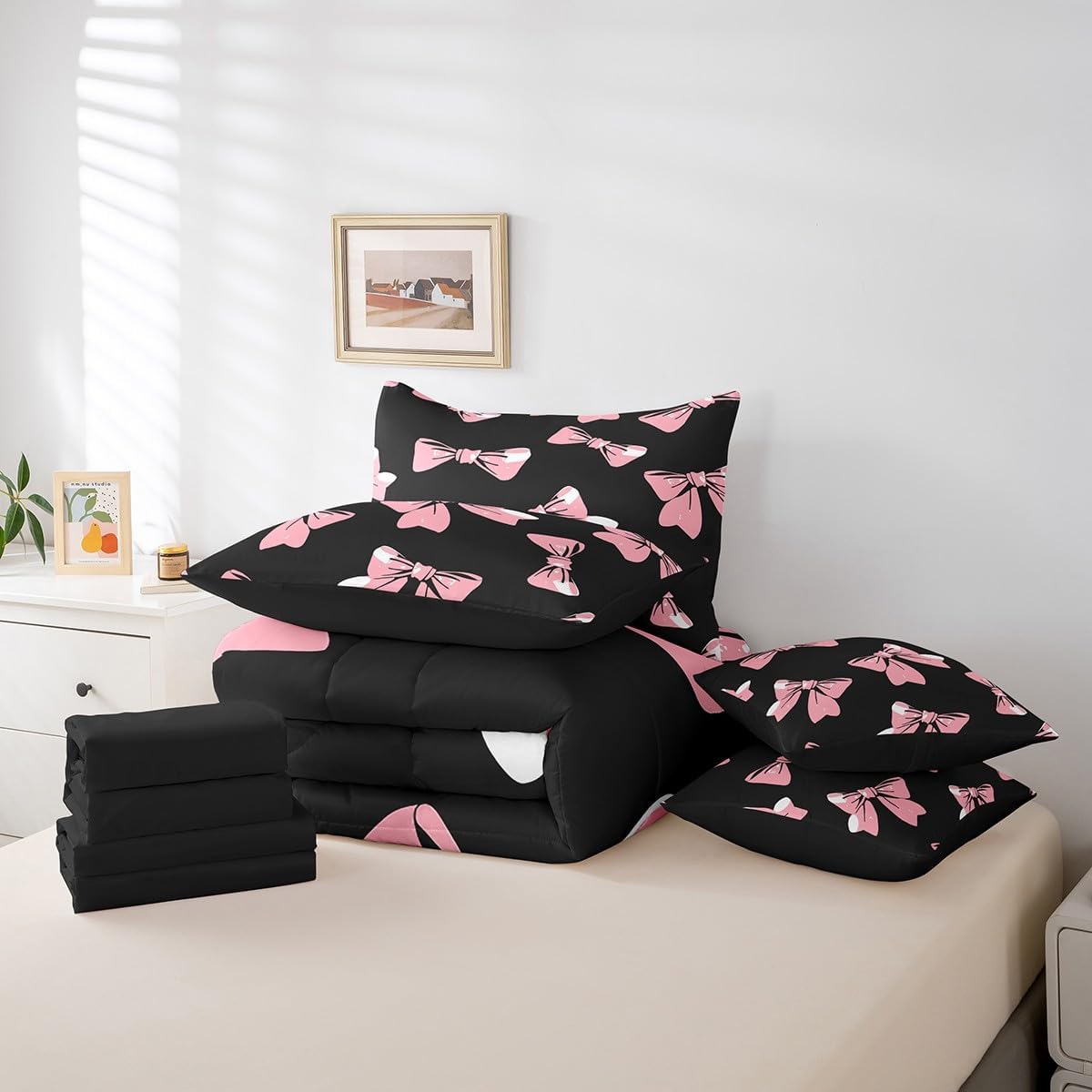 Feelyou Kids Bowknot Comforter Set Twin Size 7 Pieces Bow Boys Girls Fairy Princess Themed Bedding Set Black Pink Bed in a Bag with Comforter, Sheets, Pillowcases & Cushion Cover