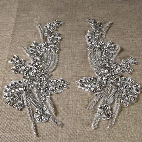 La Belleza 1 Pair Hand-Made Beaded Rhinestons Diy Clothing Appliques Patch,12.8" *6" Wedding Dress Decoration,Gold/Silver/Red/Black Flower Applique By Pair (Silver-B) #TOP4