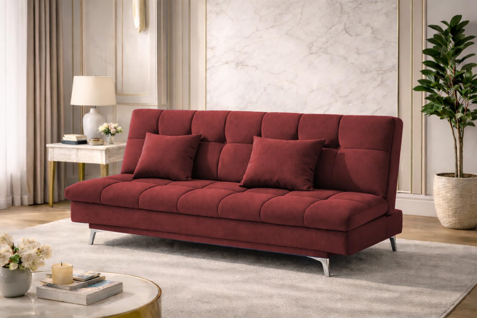 Krancy 3-Seater Sofa Cum Bed for Living Room, Office & Home | Premium Fabric Sleeper Sofa Set with 1 Year Warranty | Comfortable Sofa for Guests, Lounge & Small Spaces | Maroon Color-image-3