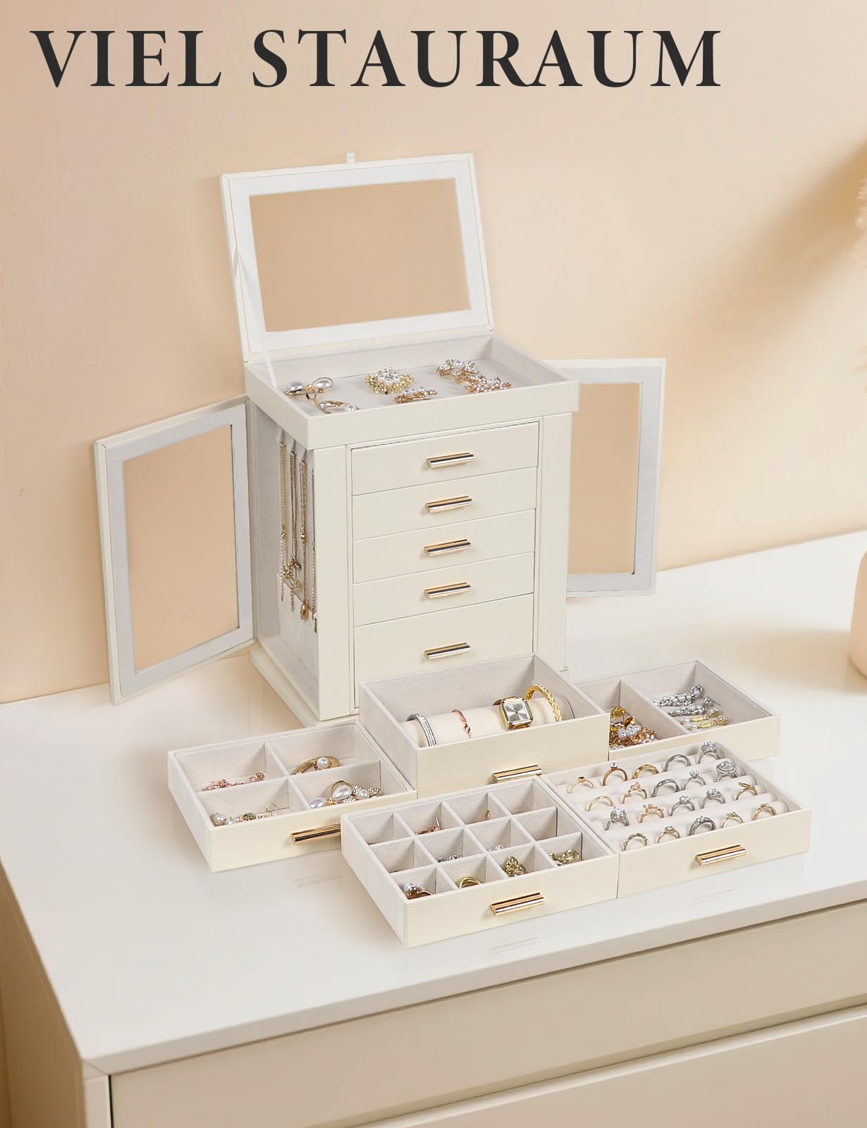Schmuckkästchen 360° drehbar, 6 Ebenen Schmuckschatulle, Groß Schmuckkasten für Damen, Glasfenster, offenes Design, Schmuckaufbewahrung für Ringe Ohrringe Halskette Geschenkbox für Mädchen Frauen