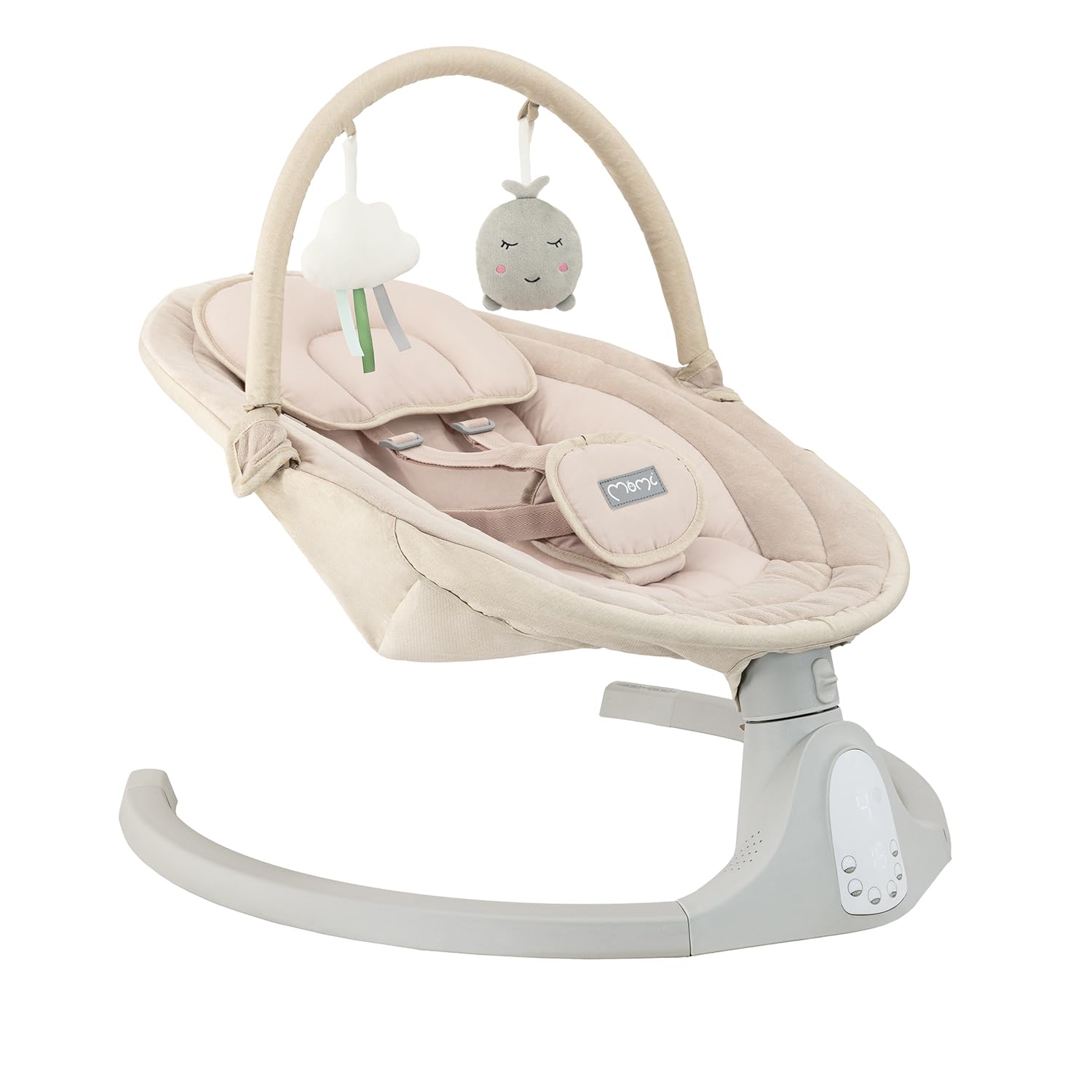 Sdraietta MoMi KENANI SAND per bambini fino a 9 kg, con display LED, telecomando, Bluetooth, alimentazione a batteria o elettrica, cintura di sicurezza a 5 punti, aro e giocattoli