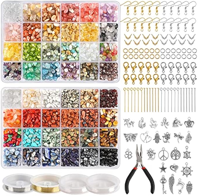 Quefe 2360pcs 48 Colors Crystal Beads for Jewelry Making Kit, Ring Making Kit, Gem Chip Beads Irregular Natural Stone and Jewelry Making Supplies for DIY Craft Necklace Bracelet Earrings