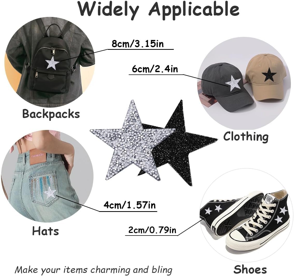 40 Pieces Rhinestone Star Patches for DIY, 4 Sizes Iron On Adhesive Glitter Star Appliques for Clothing Repair and Decoration