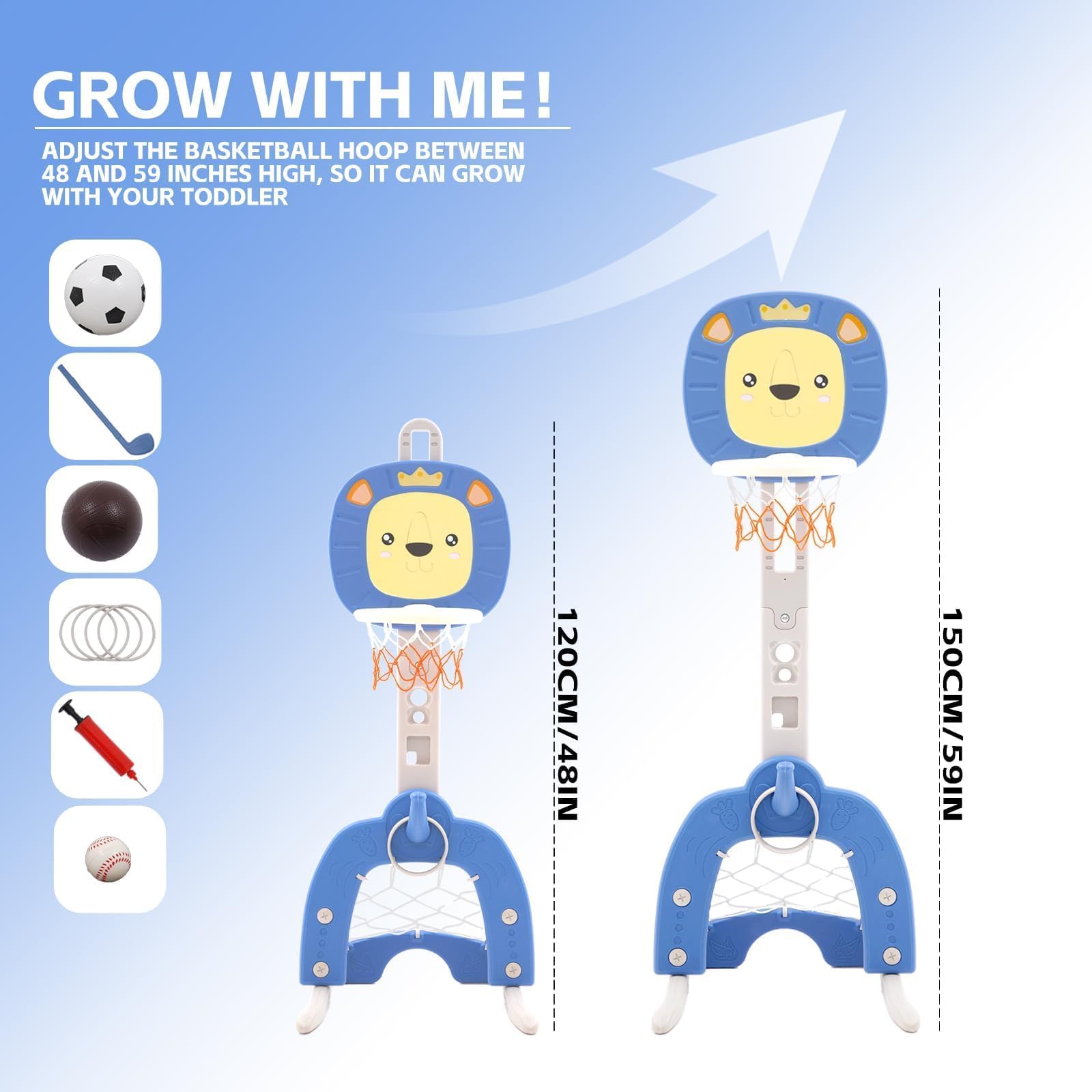 Panier de Basket Enfant 4 en 1 Intérieur avec Jeu de Basketball, Lancer d'Anneaux,Panier de Basket Flottant,Football et Golf - Réglable en Hauteur 120-150cm - pour Enfants 3 à 7 Ans (Bleu)
