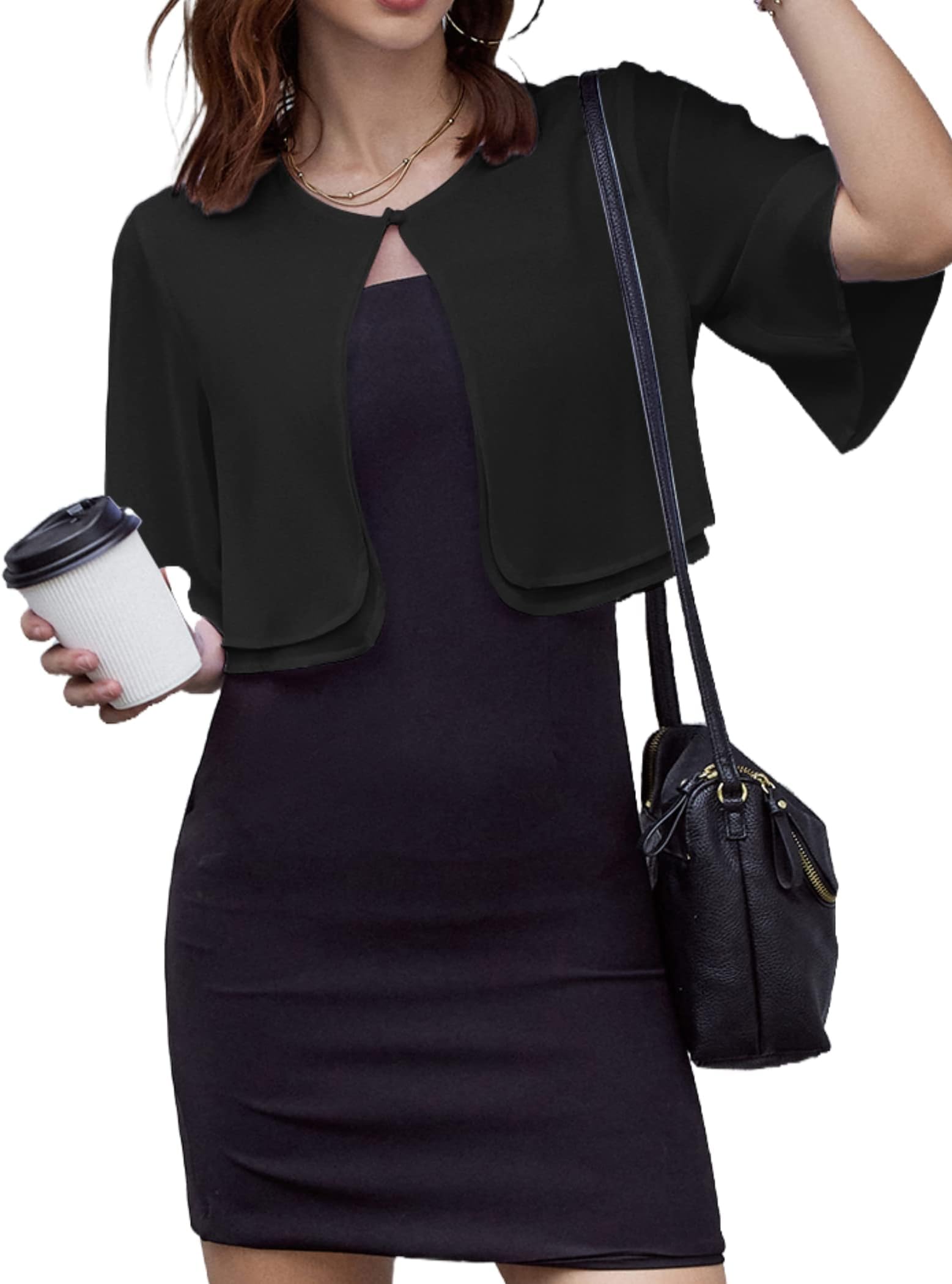 SoTeer Women Short Sleeve Chiffon Shrug Open Front Bolero Cardigan, Black, M