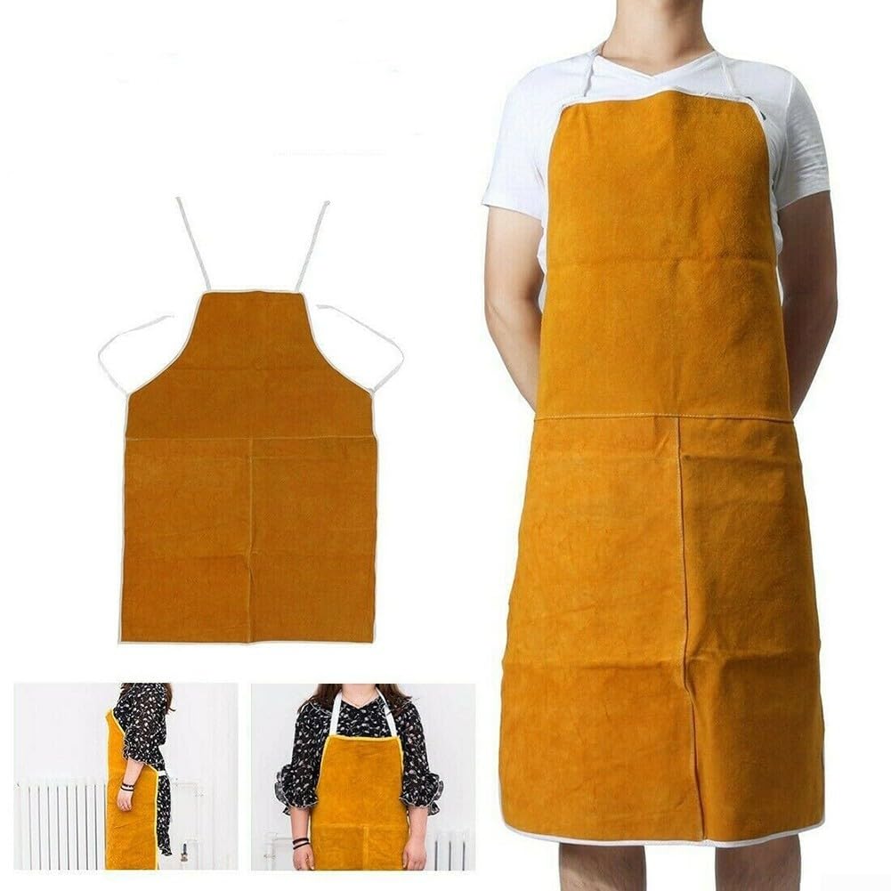 Delantal de Cuero para Soldadura, Delantal de Soldador de Piel de Vacuno Amarillo, 65 x 95 cm, con Correas Ajustables for Cuello y Cintura.