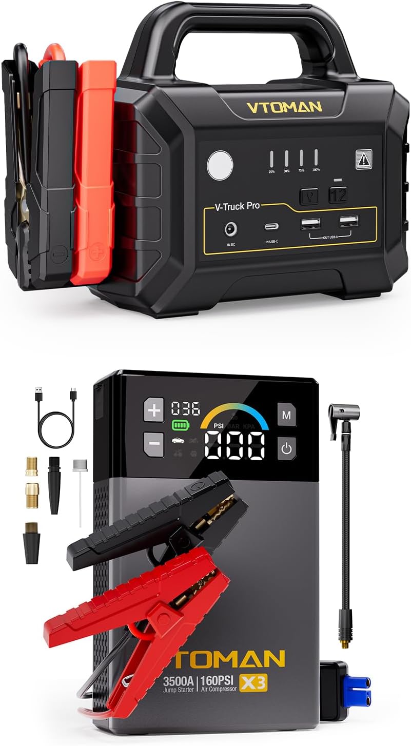 VTOMAN X3 Jump Starter with Air Compressor, 3500A Portable Car Battery Jumper Starter (9L Gas/8.5L Diesel Engines) + VTOMAN V-Truck Pro 8000A Car Battery Jump Starter with 65W Quick Charge