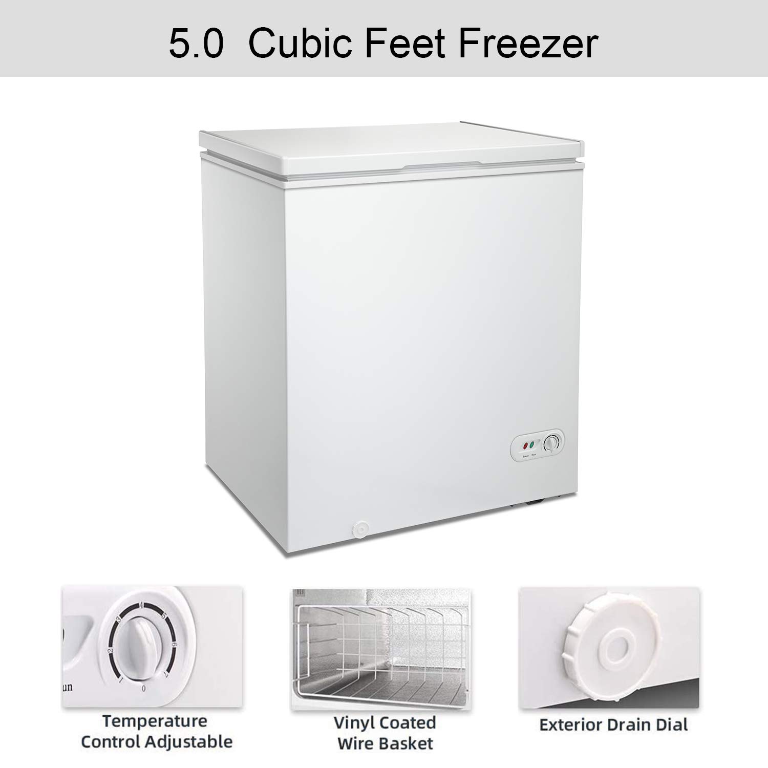 R.W.FLAME Chest Freezer, Deep Freezer 5.0 Cu.ft. w/Removable Basket, Adjustable Temperature, Energy Saving, Top Open Door Compact Freezer, White on Fridge.com