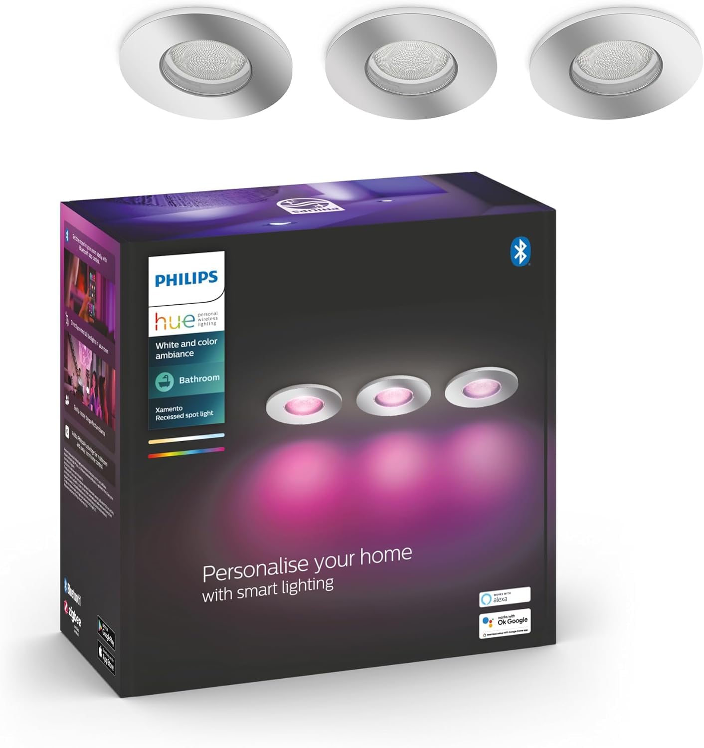 Philips Hue White and color ambiance Reflektor łazienkowy wpuszczany Xamaneto 3x5.7W (chrom), 16 mln kolorów, przyciemnianie, inteligentne oświetlenie