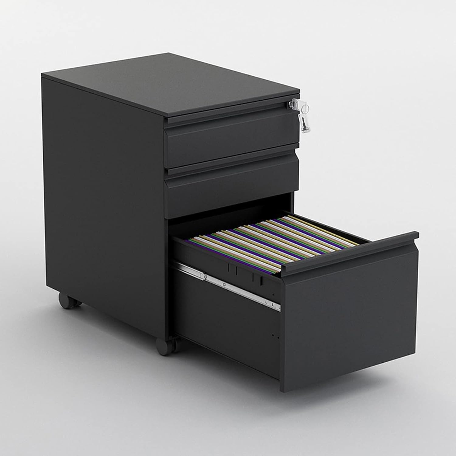 Office File Cabinets 3 Drawer Metal Mobile File Cabinet with Lock, Under Desk Filing Cabinet for Legal/Letter/A4 File, Fully Assembled with Wheels Filing Cabinet (Color : Black) (Black)