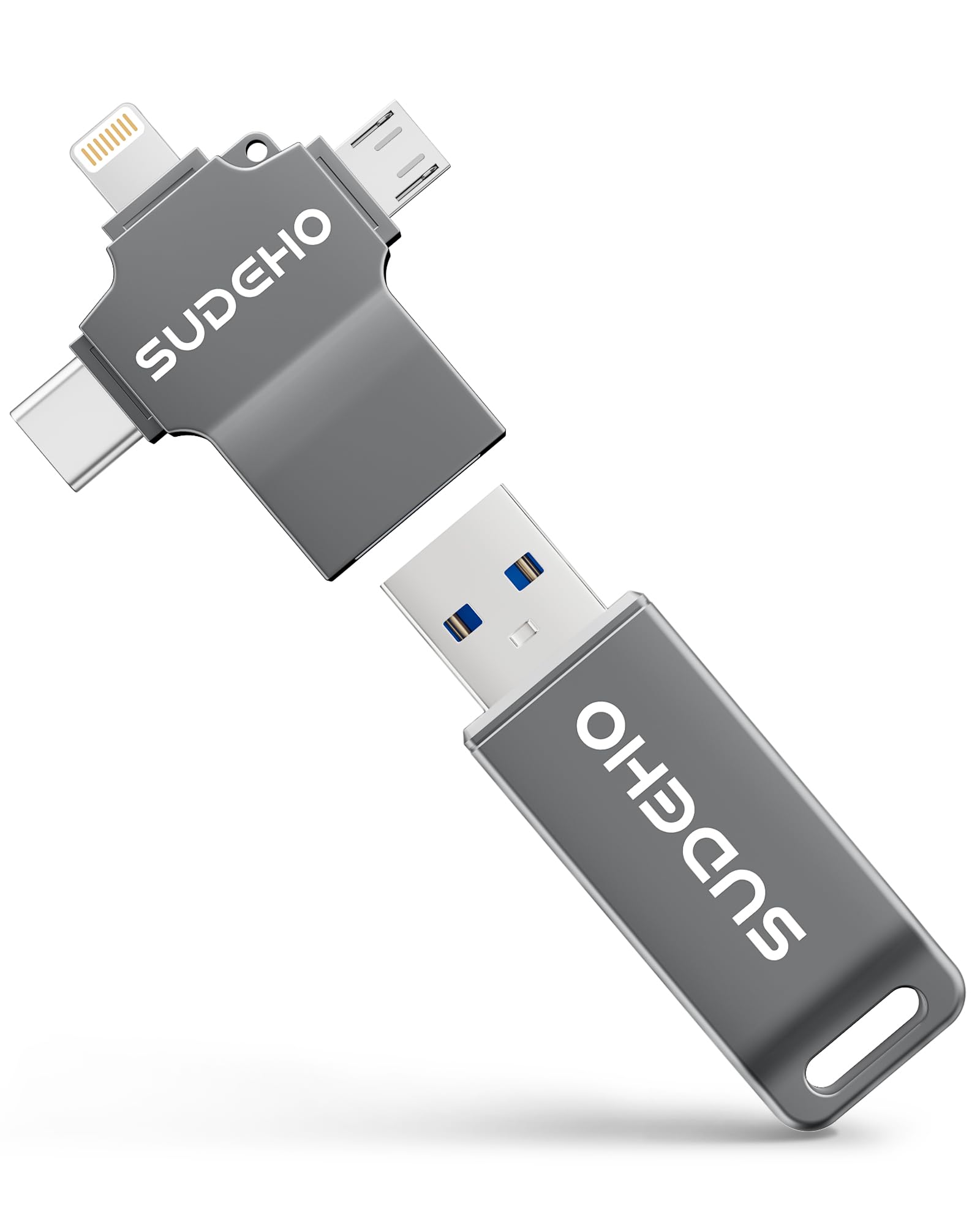 Memoria USB 128GB para iPhone con certificación MFi, Memoria Externa 4-en-1 USB 3.0 de Alta Velocidad, Pendrive iPhone para lPhone/iPad/Android/PC/Mac, USB para Fotos, Vídeos y Música, Negro