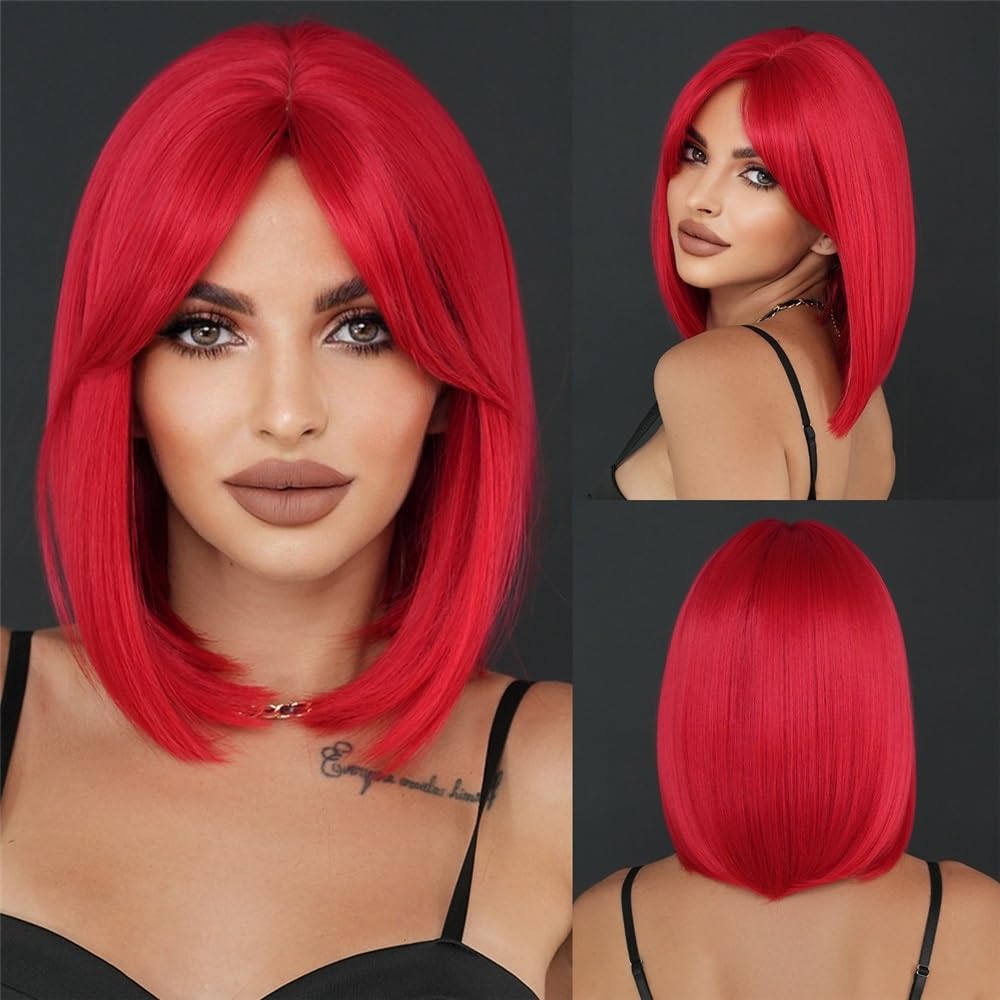 Peruki Easter Red Short Straight Bob Wig with Mid-Split Bangs Peruka z włosów ludzkich